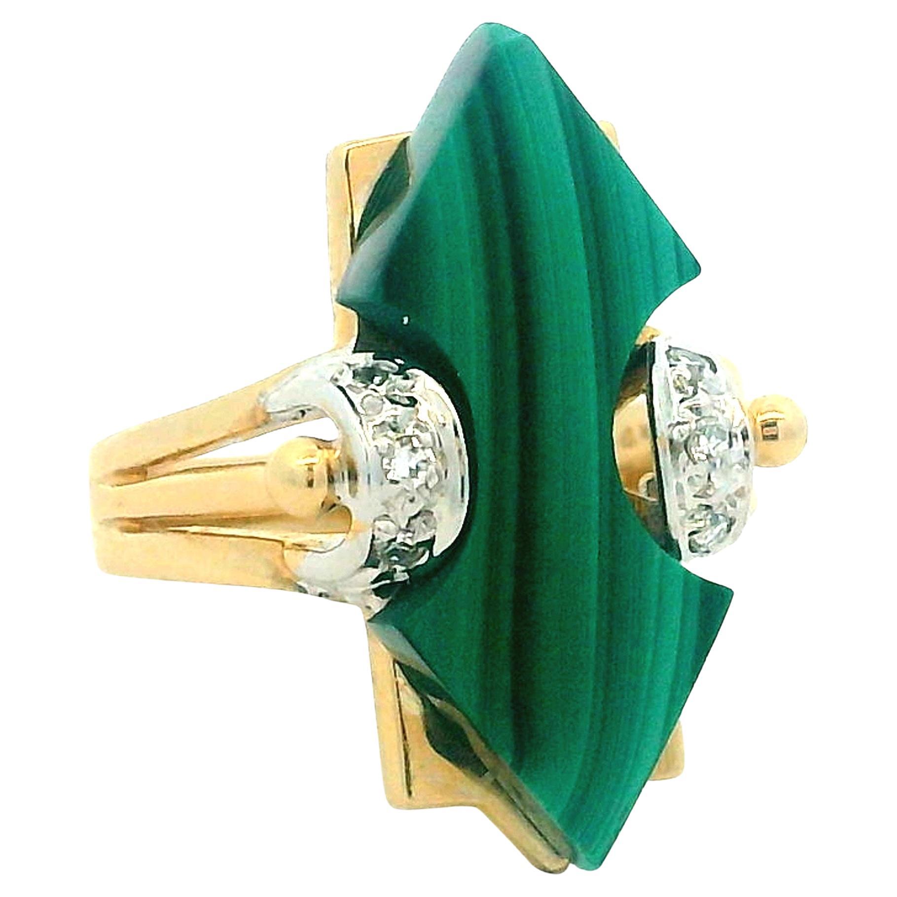 Anello scultoreo italiano modernista in oro 14K con malachite e diamanti firmato TJ