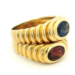 Italian Modernist 18K Gold Double-Stone Ring with Blue Topaz and Garnet, FBD