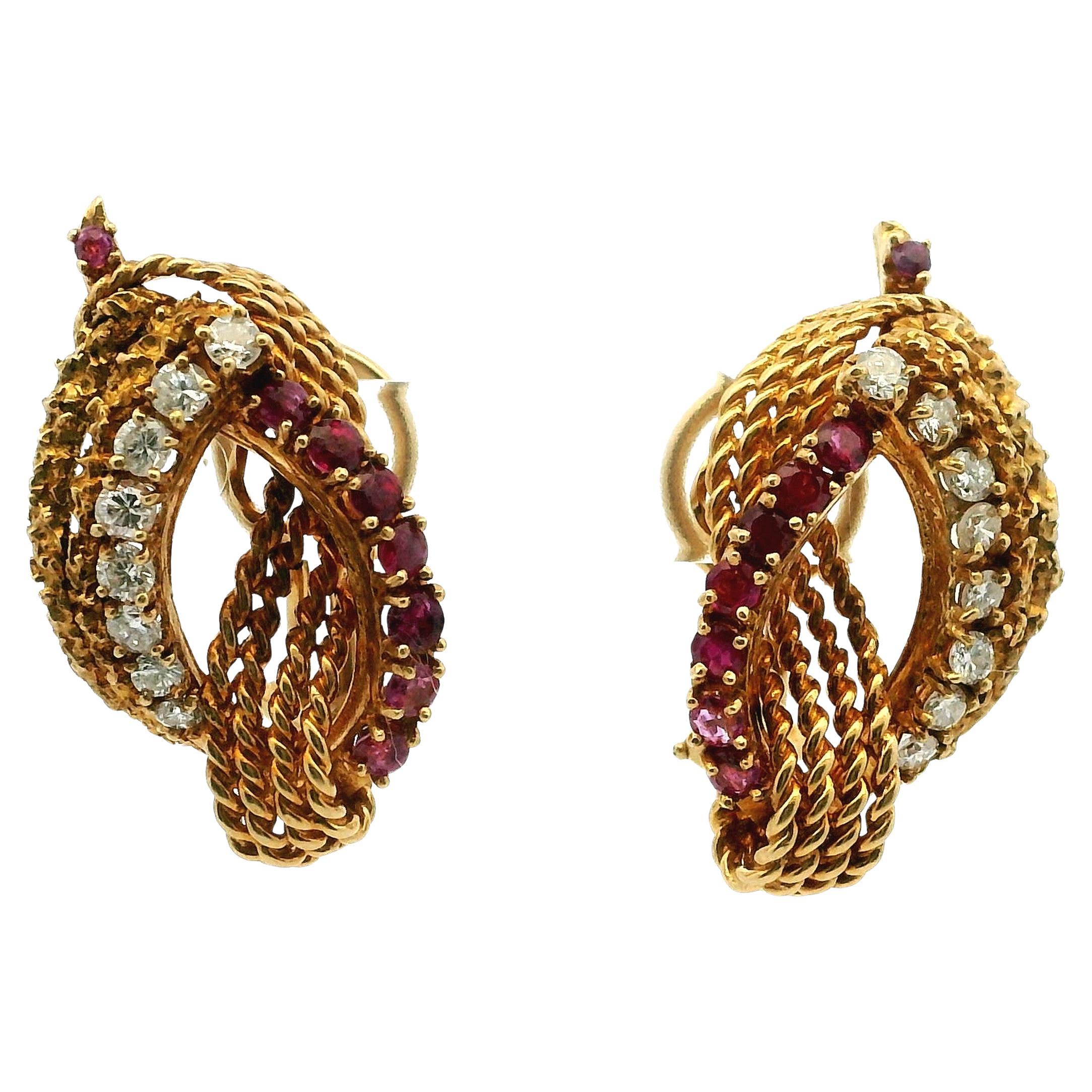 Italian Modernist 18K Gold Rope Earrings with Rubies and Diamonds, Signed Cherny For Sale