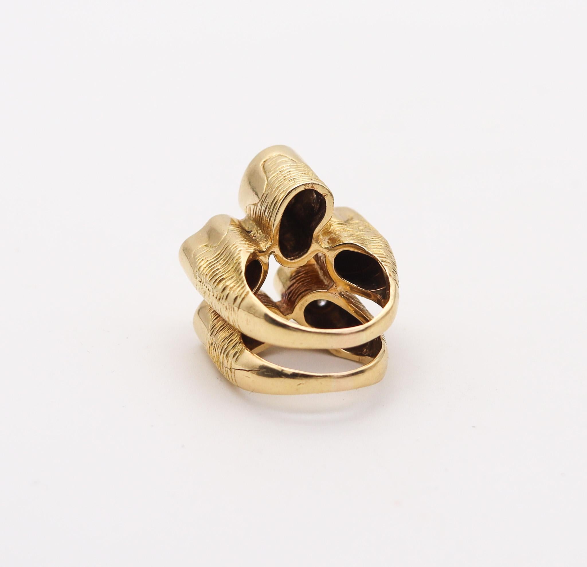 Italian Modernist 1970 Concretism Sculptural Ring In 18Kt Yellow Gold & Diamonds 1