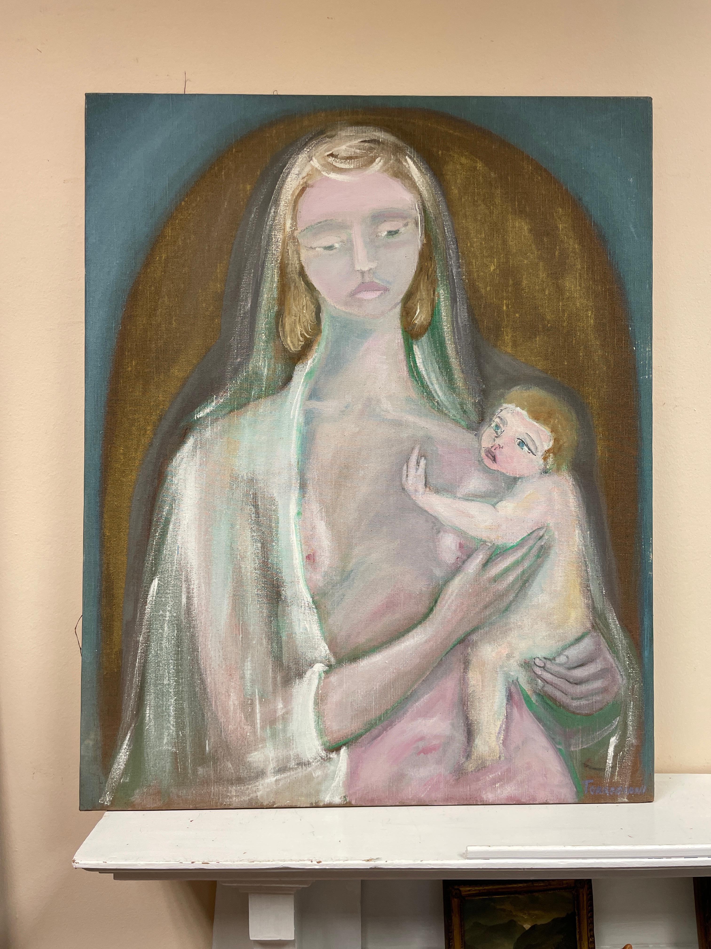 Large 1960's Italian Modernist Signed Oil Mother & Infant Child Tender Embrace - Painting by Italian Modernist 20th C