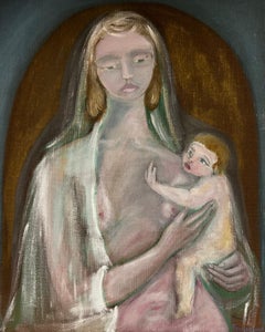 Gran óleo modernista italiano de 1960 firmado Madre y niño tierno abrazo