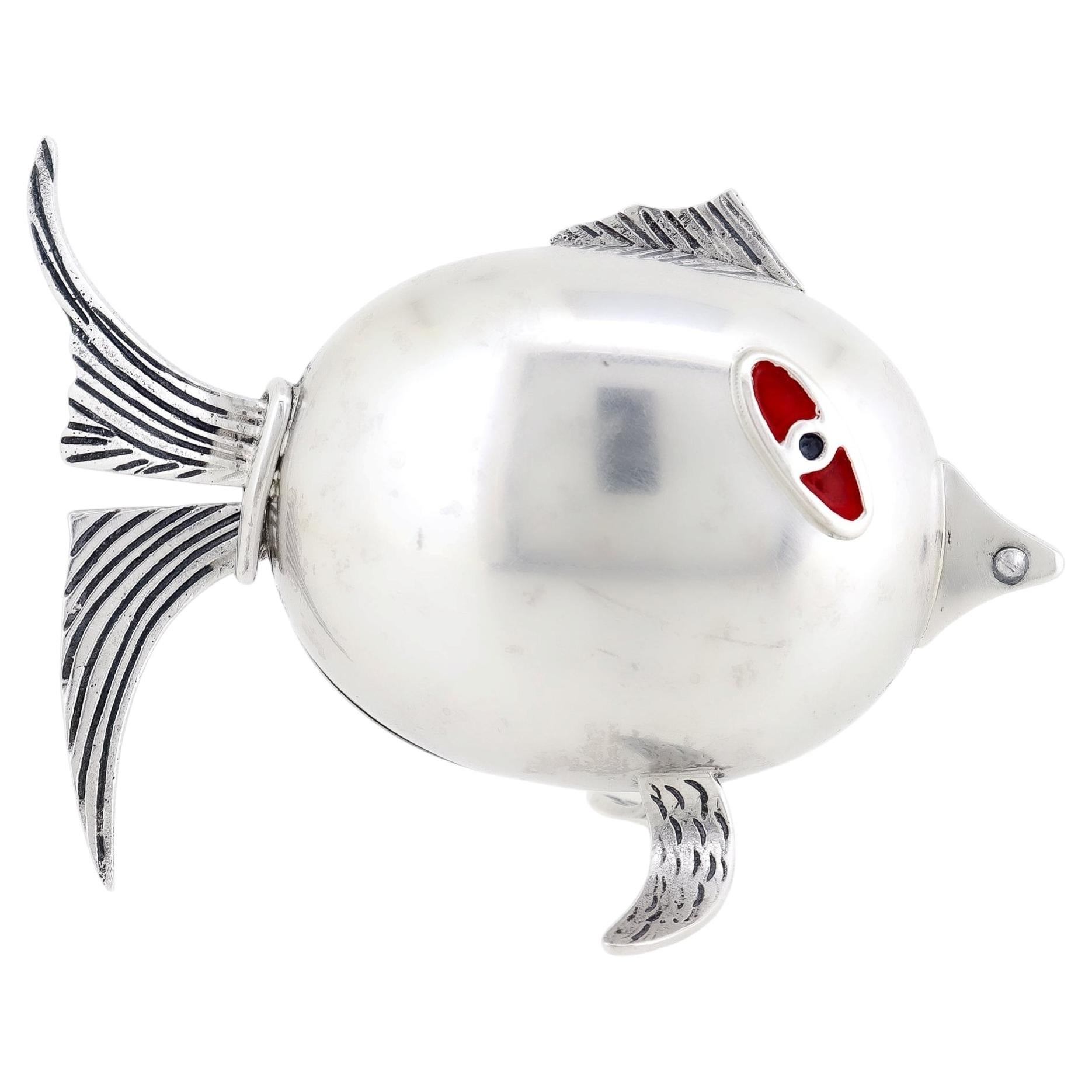 Italian Modernist .800 Silver & Enamel Figural Fish Table Box by Bausi Bruno For Sale