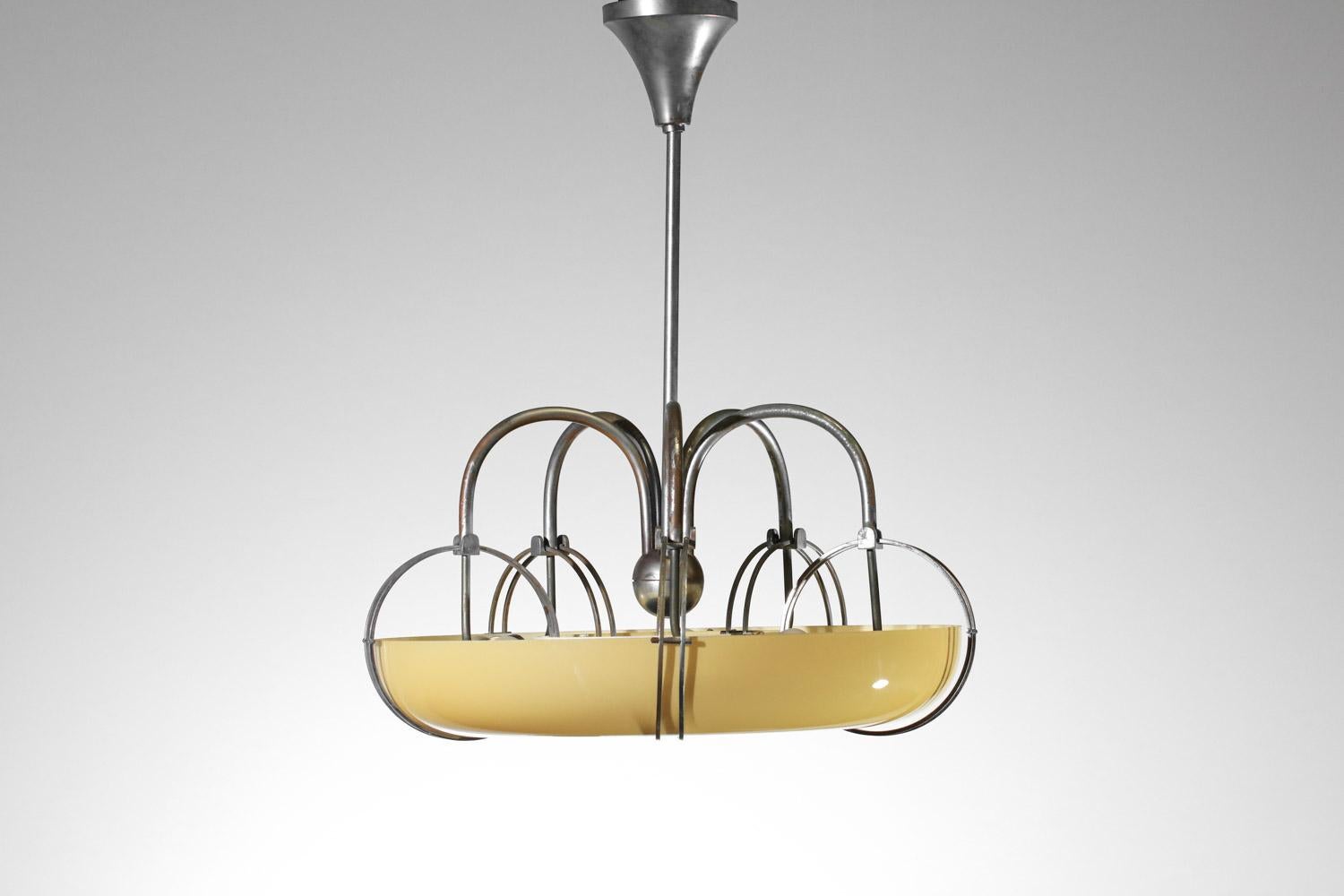 Italian modernist art deco glass ring pendant chandelier 1940's original  In Good Condition In Lyon, FR