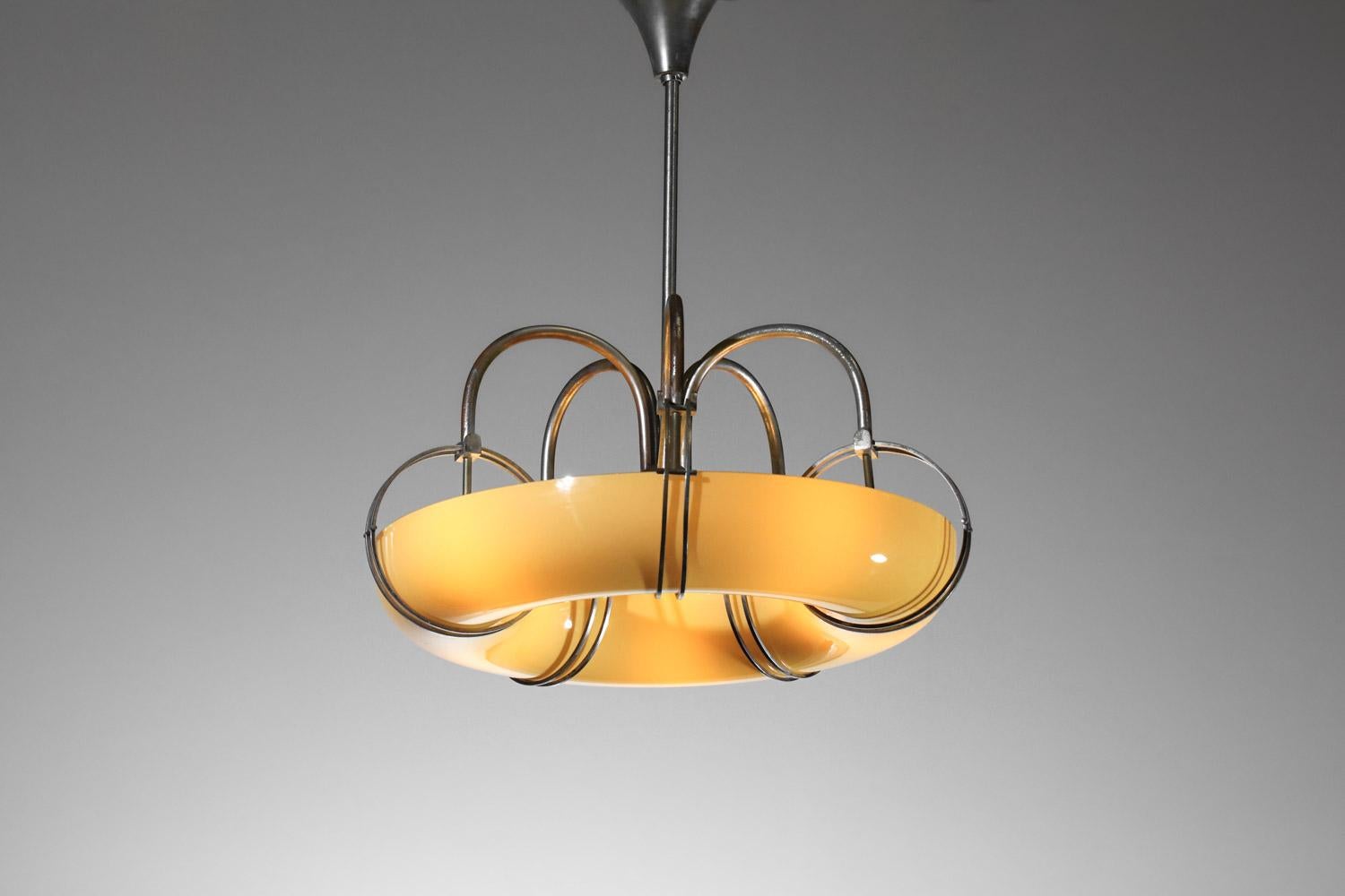 Italian modernist art deco glass ring pendant chandelier 1940's original  1