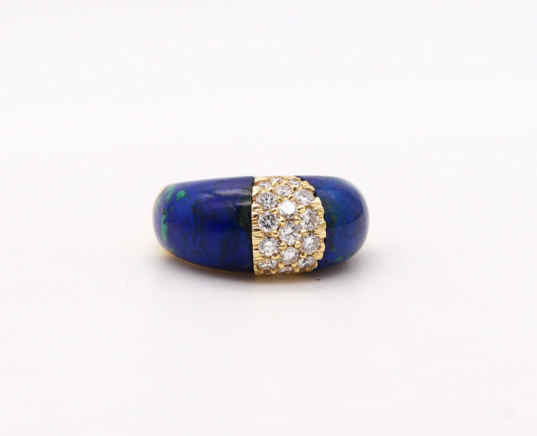 Brilliant Cut ITALIAN Modernist Azur-Malachite Domed Ring In 18Kt Gold With 1.14 Cts Diamonds
