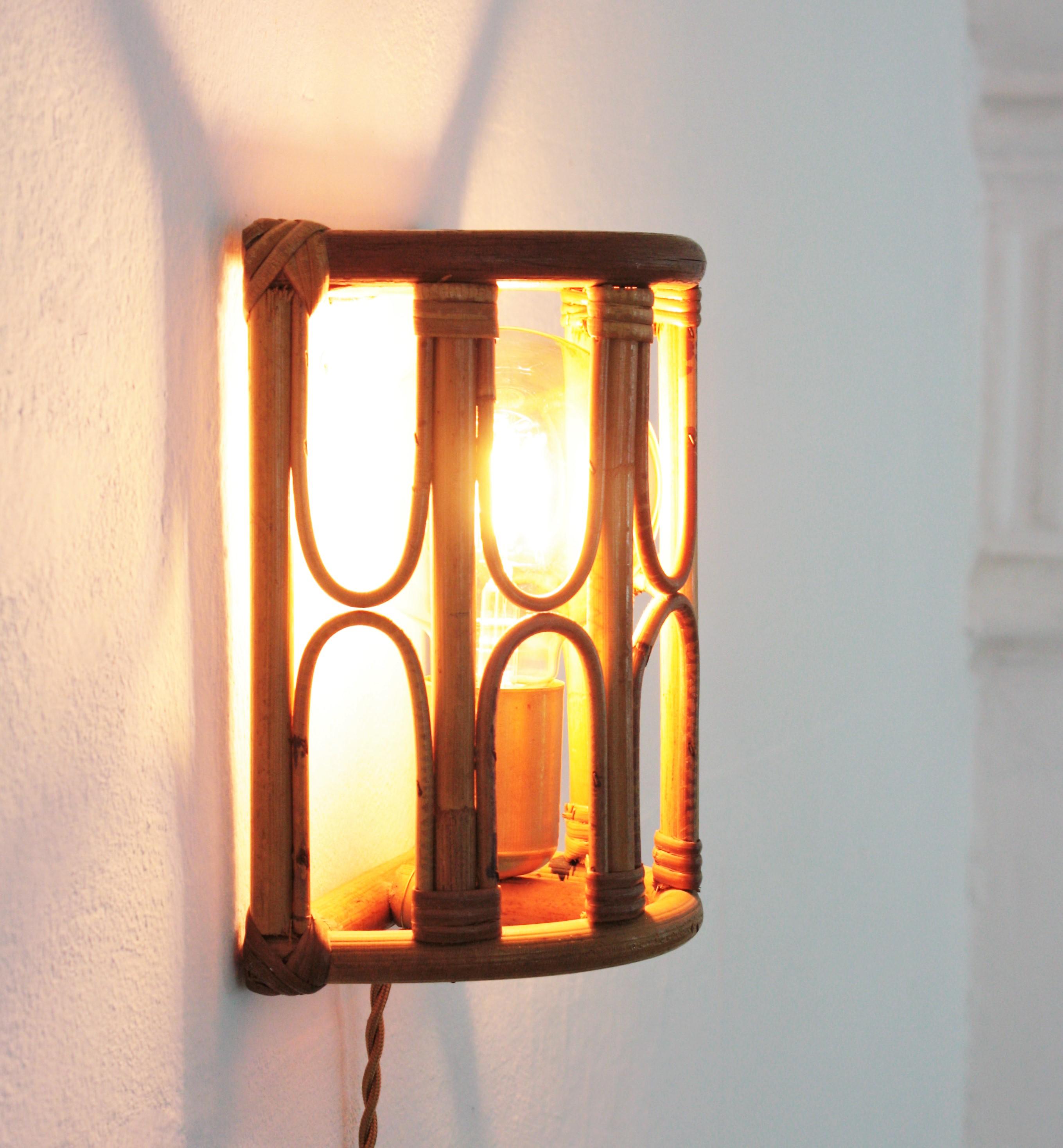 Rattan Bamboo Italian Modernist Wall Sconce, 1960s For Sale 6