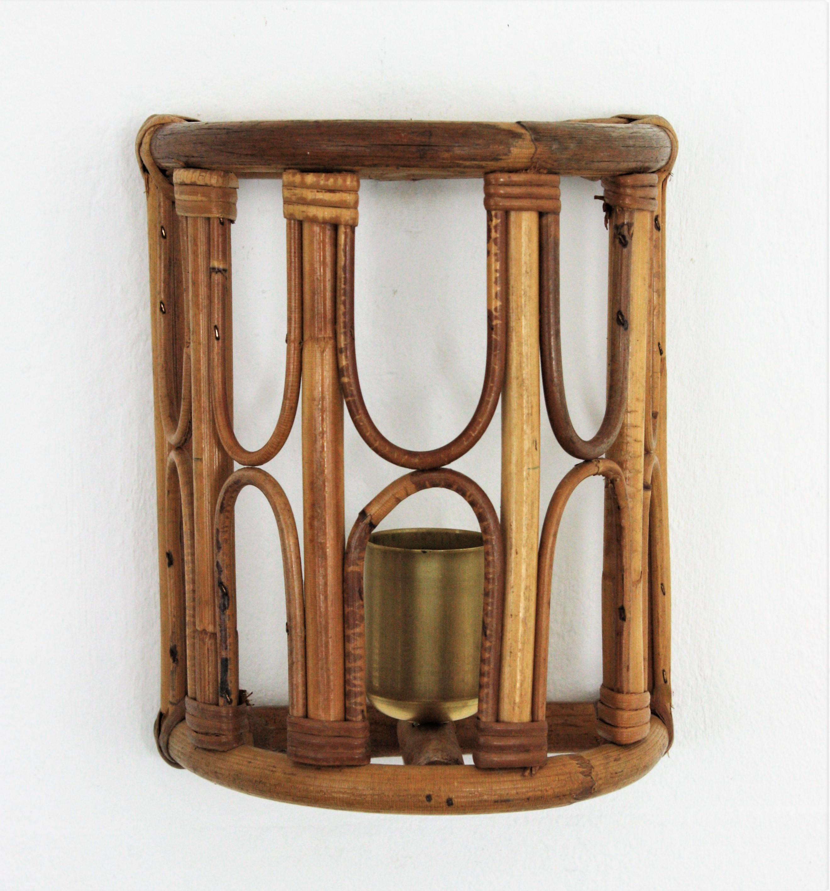Rattan Bamboo Italian Modernist Wall Sconce, 1960s For Sale 7