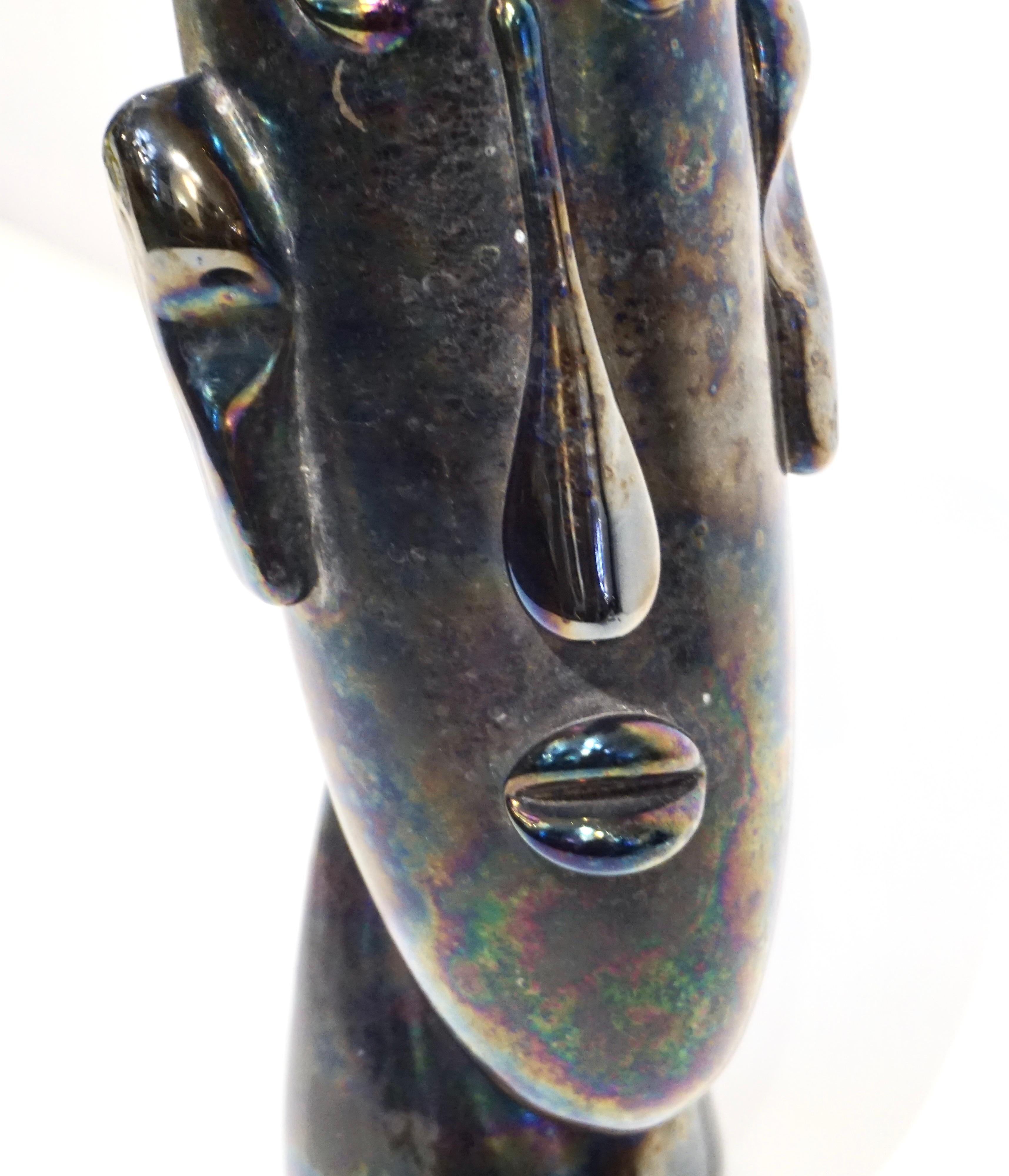 Italian Modernist Black Iridescent Murano Glass Sculpture in the Shape of a Head For Sale 3