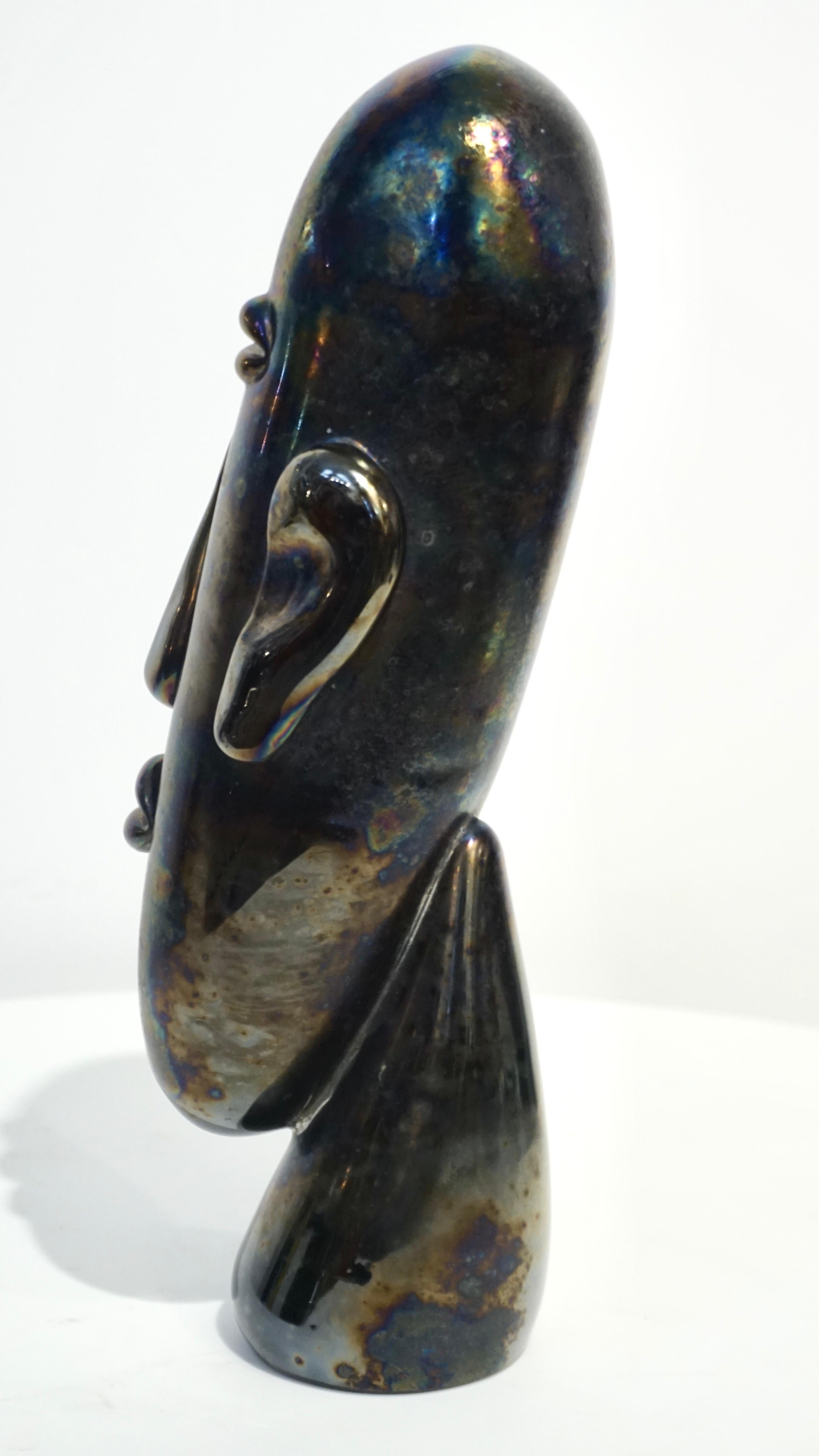Organic Modern Italian Modernist Black Iridescent Murano Glass Sculpture in the Shape of a Head For Sale