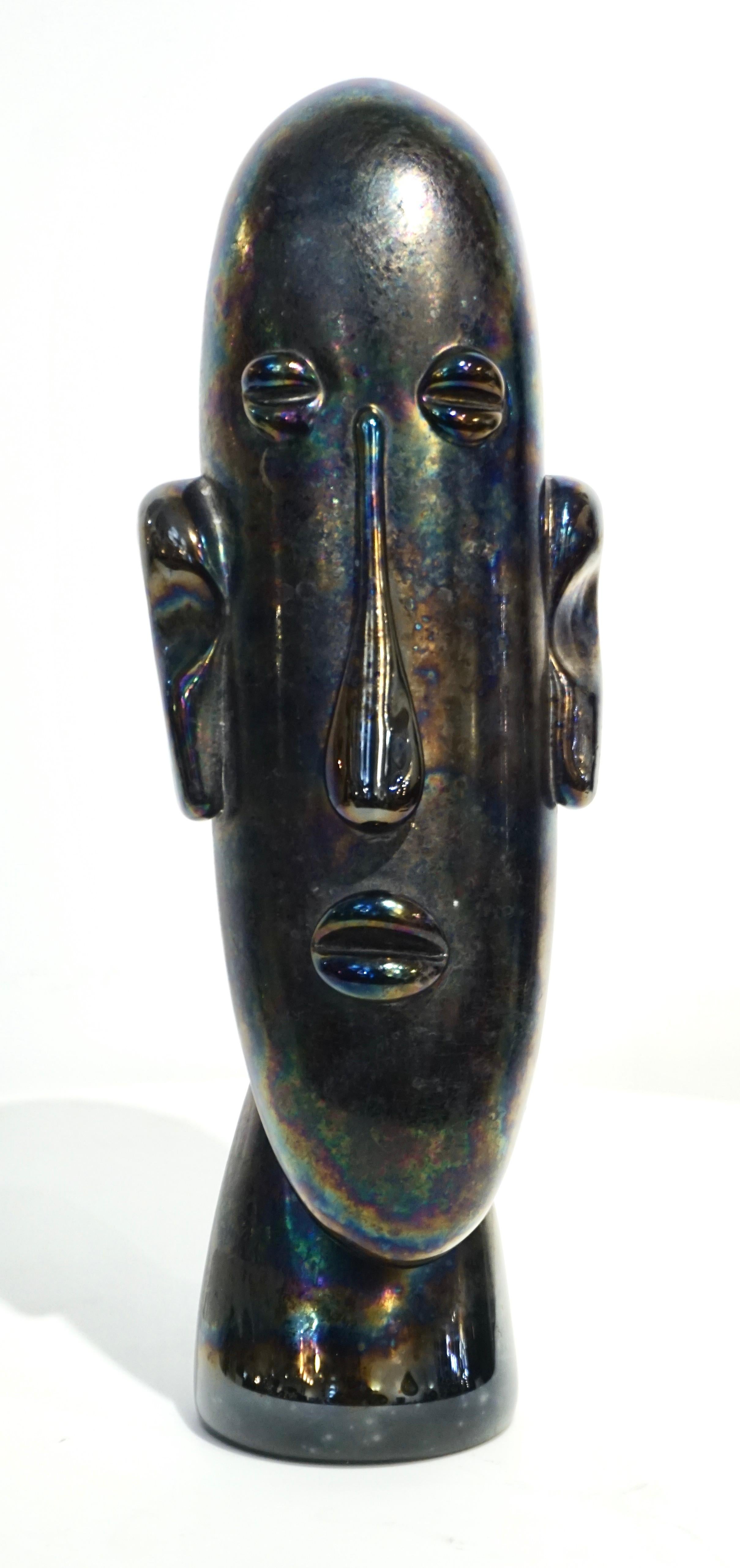 Italian Modernist Black Iridescent Murano Glass Sculpture in the Shape of a Head In Good Condition For Sale In New York, NY