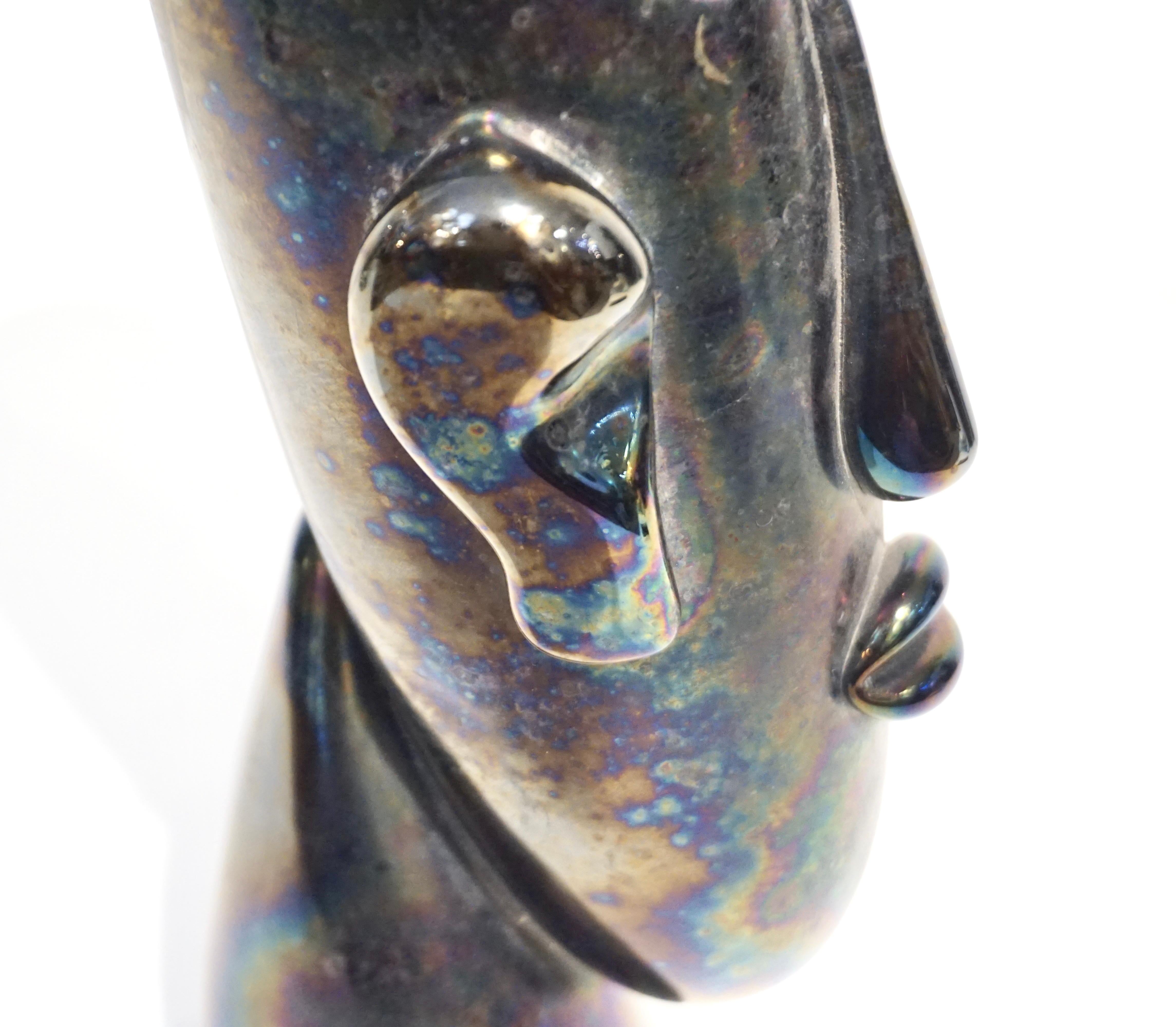 Late 20th Century Italian Modernist Black Iridescent Murano Glass Sculpture in the Shape of a Head For Sale