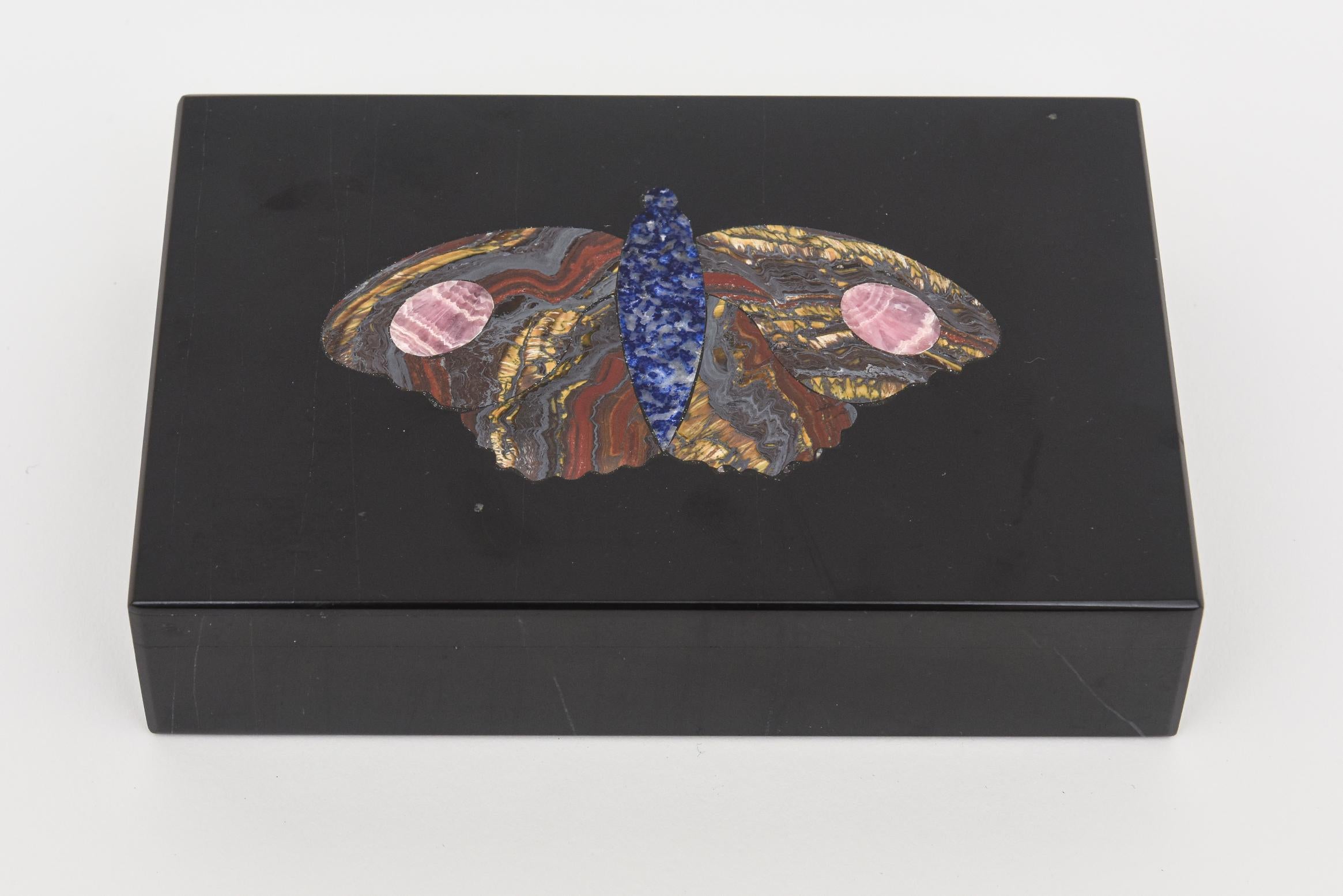 Italian Modernist Black Marble, Lapis, Tiger, Pink Rhodochrosite Butterfly Box For Sale 8