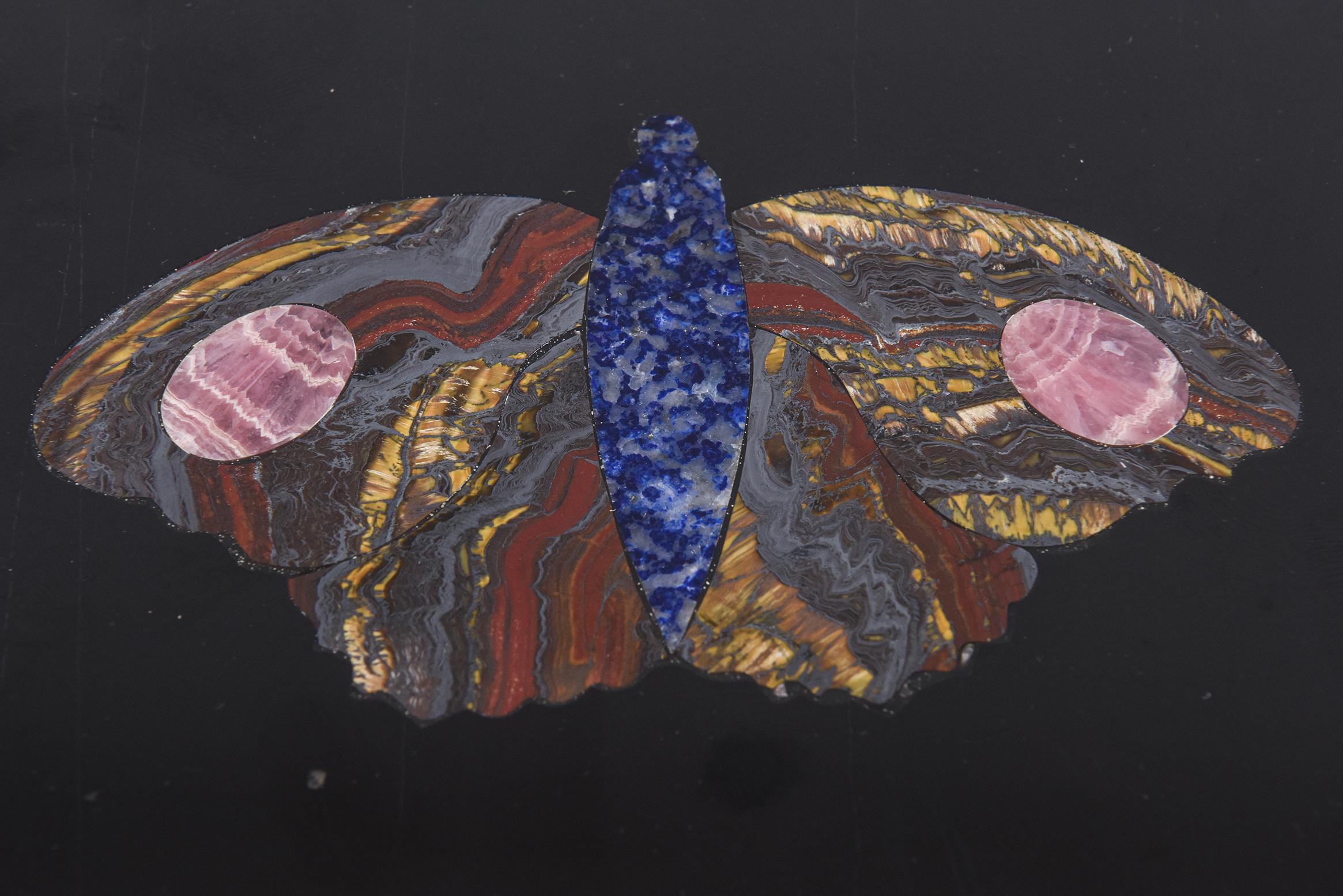 Mid-20th Century Italian Modernist Black Marble, Lapis, Tiger, Pink Rhodochrosite Butterfly Box For Sale