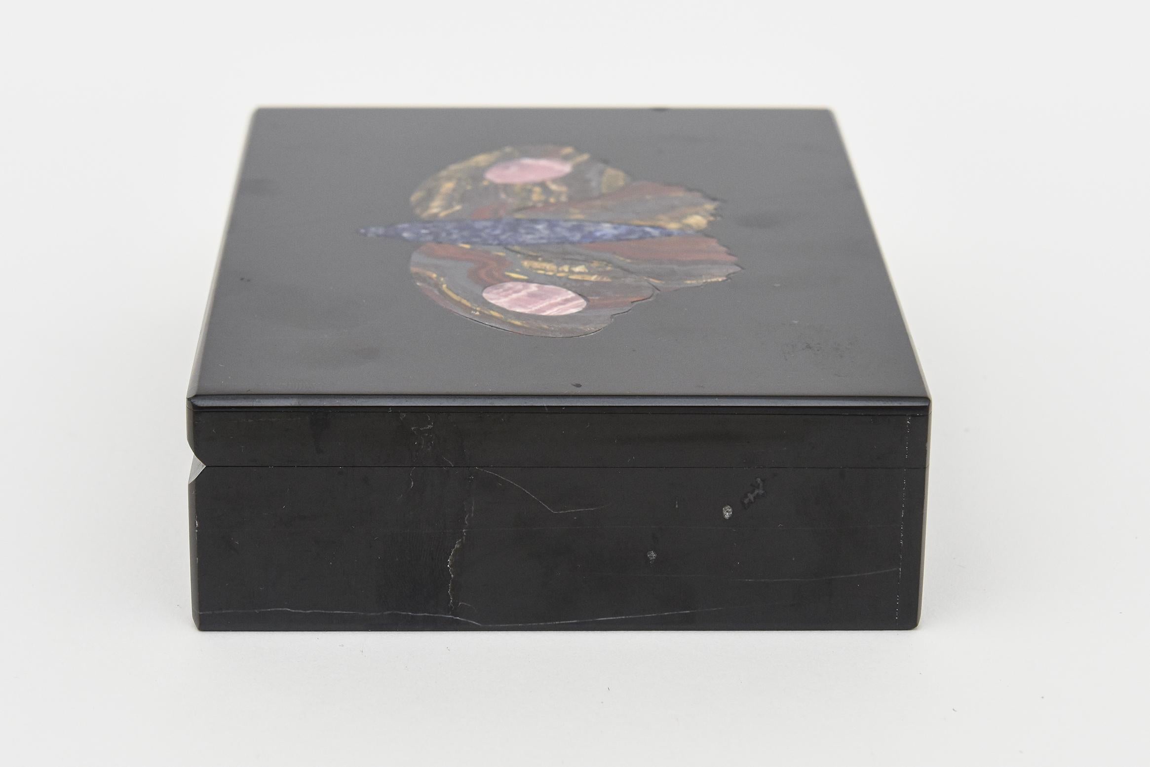 Italian Modernist Black Marble, Lapis, Tiger, Pink Rhodochrosite Butterfly Box For Sale 1