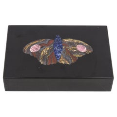 Italian Modernist Black Marble, Lapis, Tiger, Pink Rhodochrosite Butterfly Box