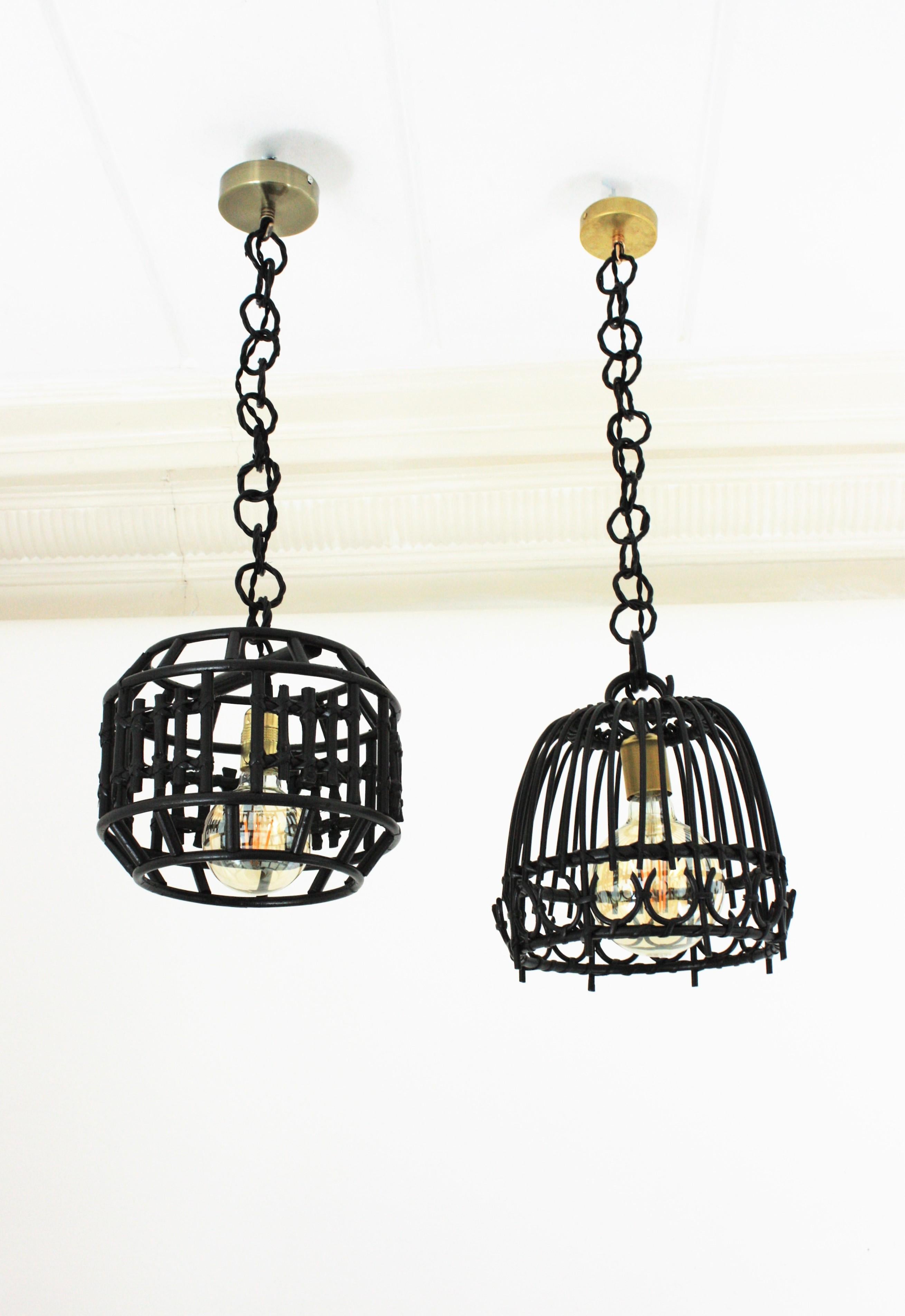 Italian Modernist Rattan Bamboo Pendant / Lantern in Black For Sale 3