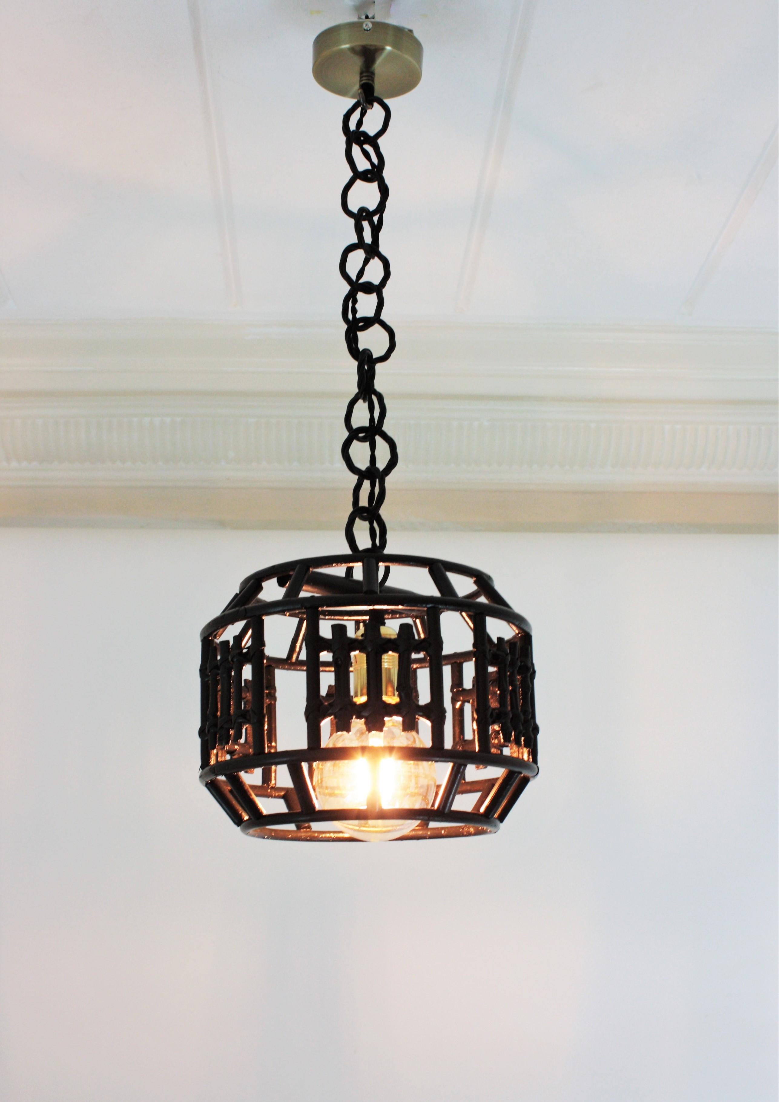 Mid-Century Modern Rattan Bamboo Black Painted Pendant Hanging Light / Lantern For Sale