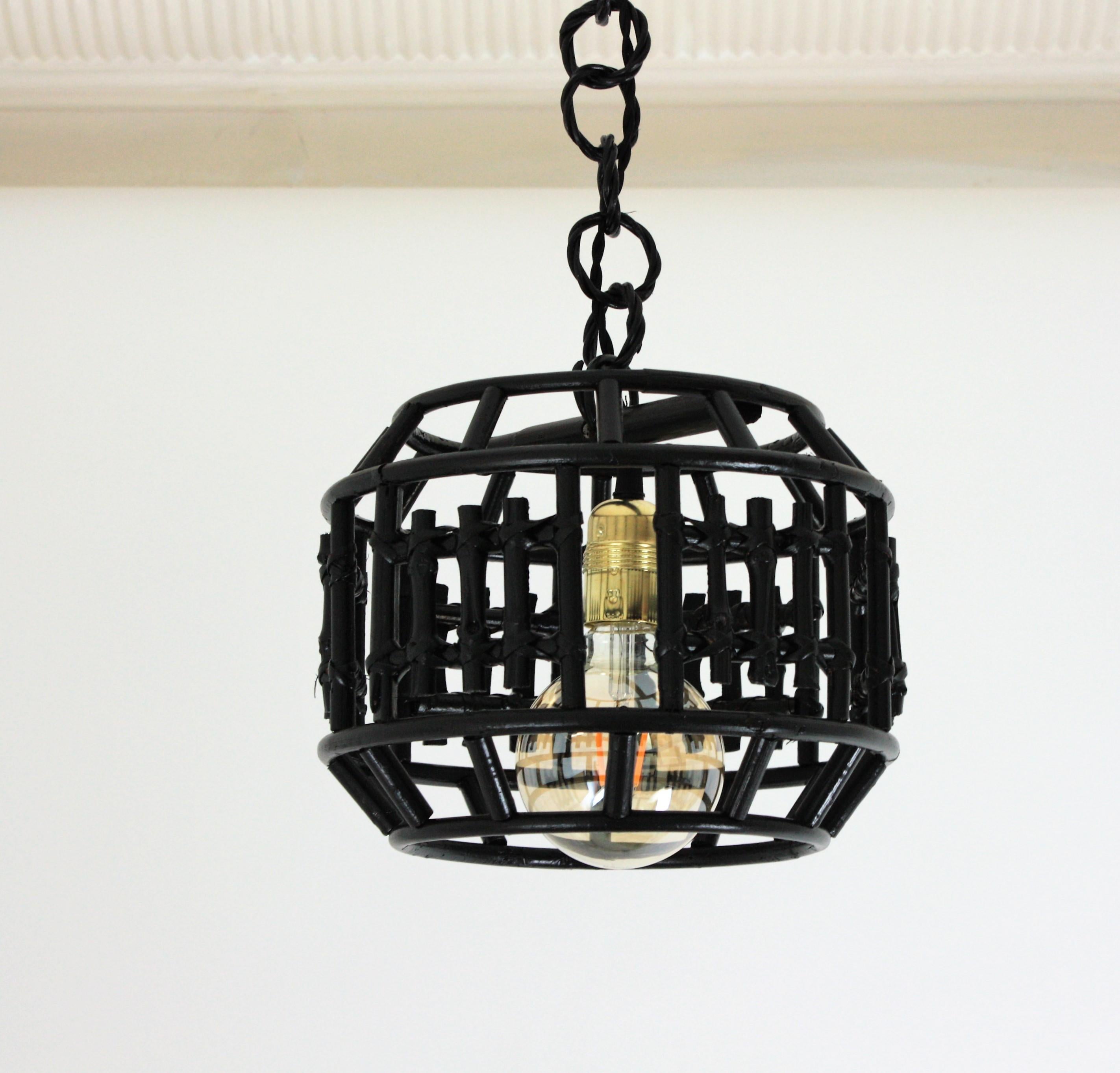 Hand-Crafted Italian Modernist Rattan Bamboo Pendant / Lantern in Black For Sale