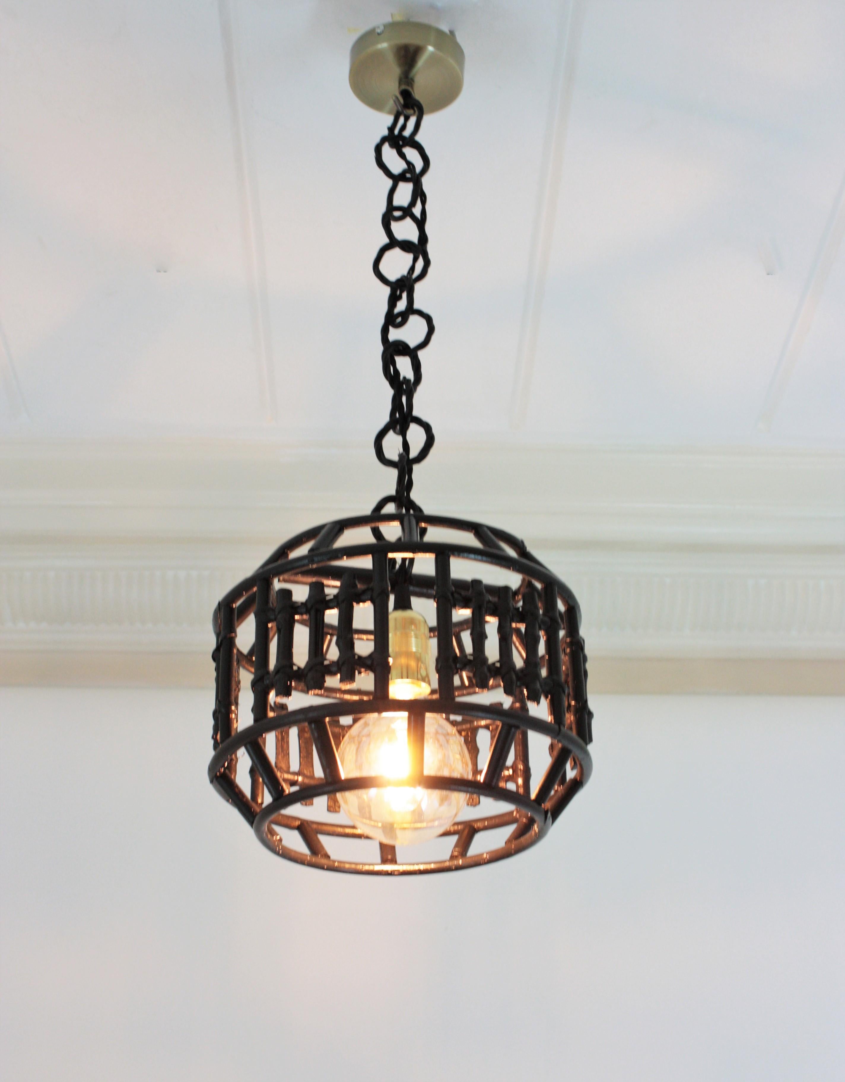 20th Century Rattan Bamboo Black Painted Pendant Hanging Light / Lantern For Sale