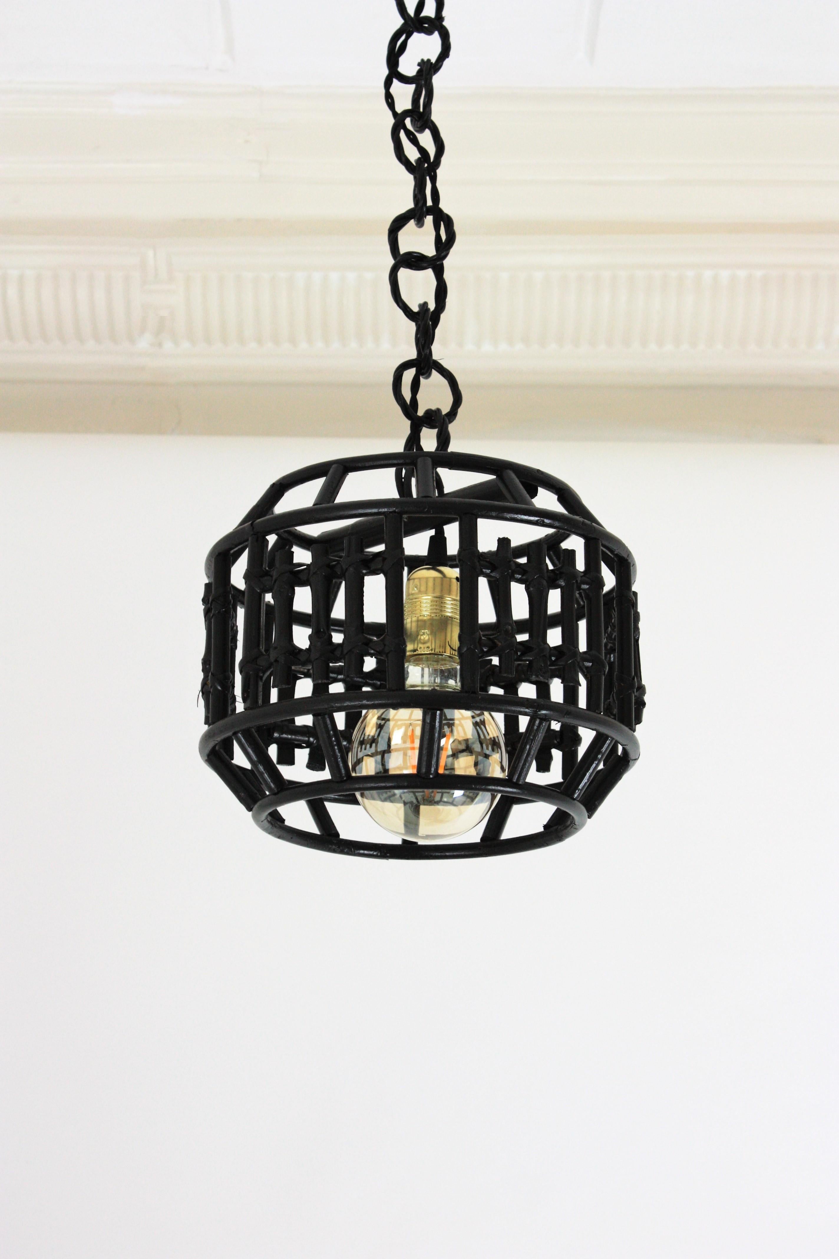 Italian Modernist Rattan Bamboo Pendant / Lantern in Black For Sale 1