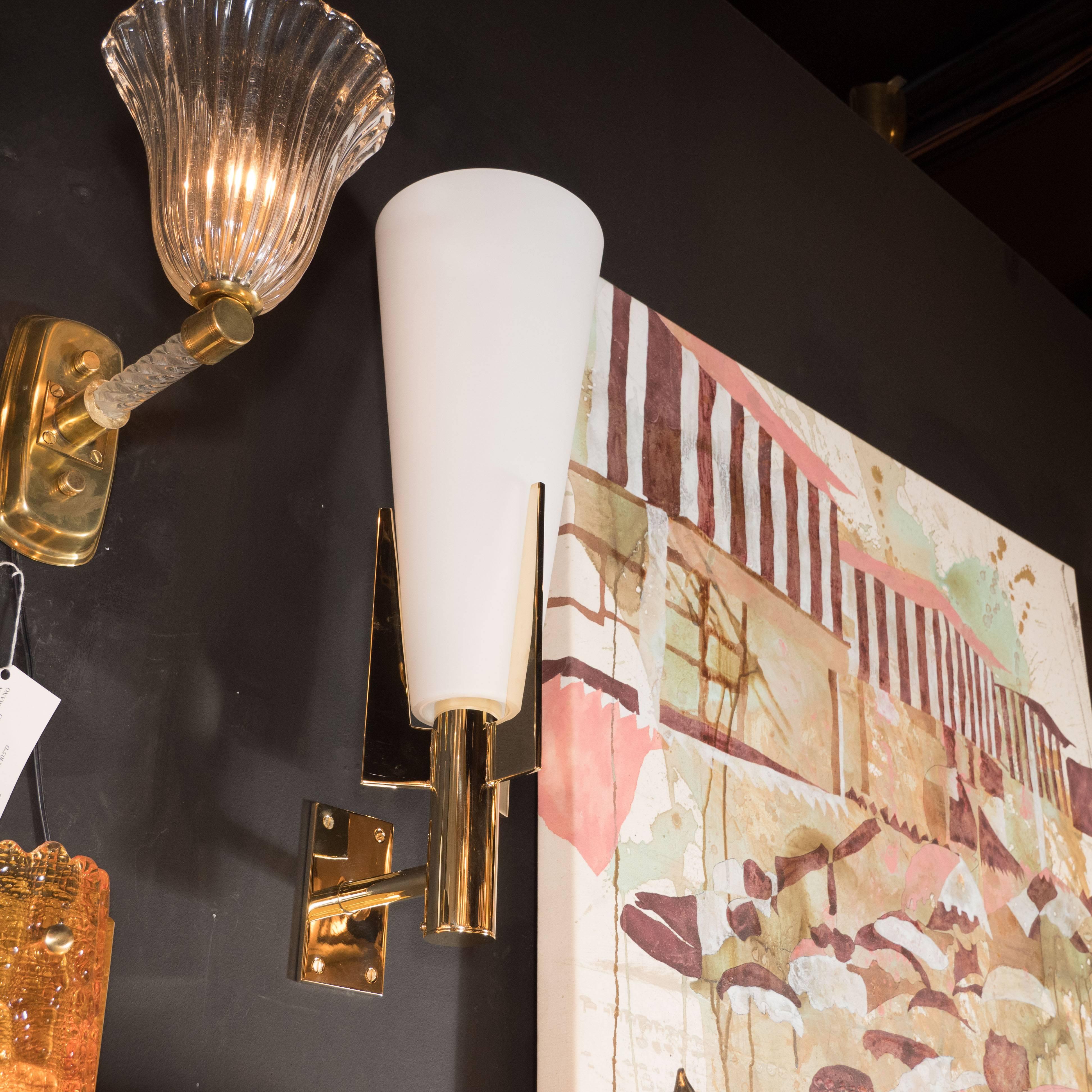 Mid-Century Modern Italian Modernist Brass and Frosted Murano Glass Sconces in Style of Gio Ponti