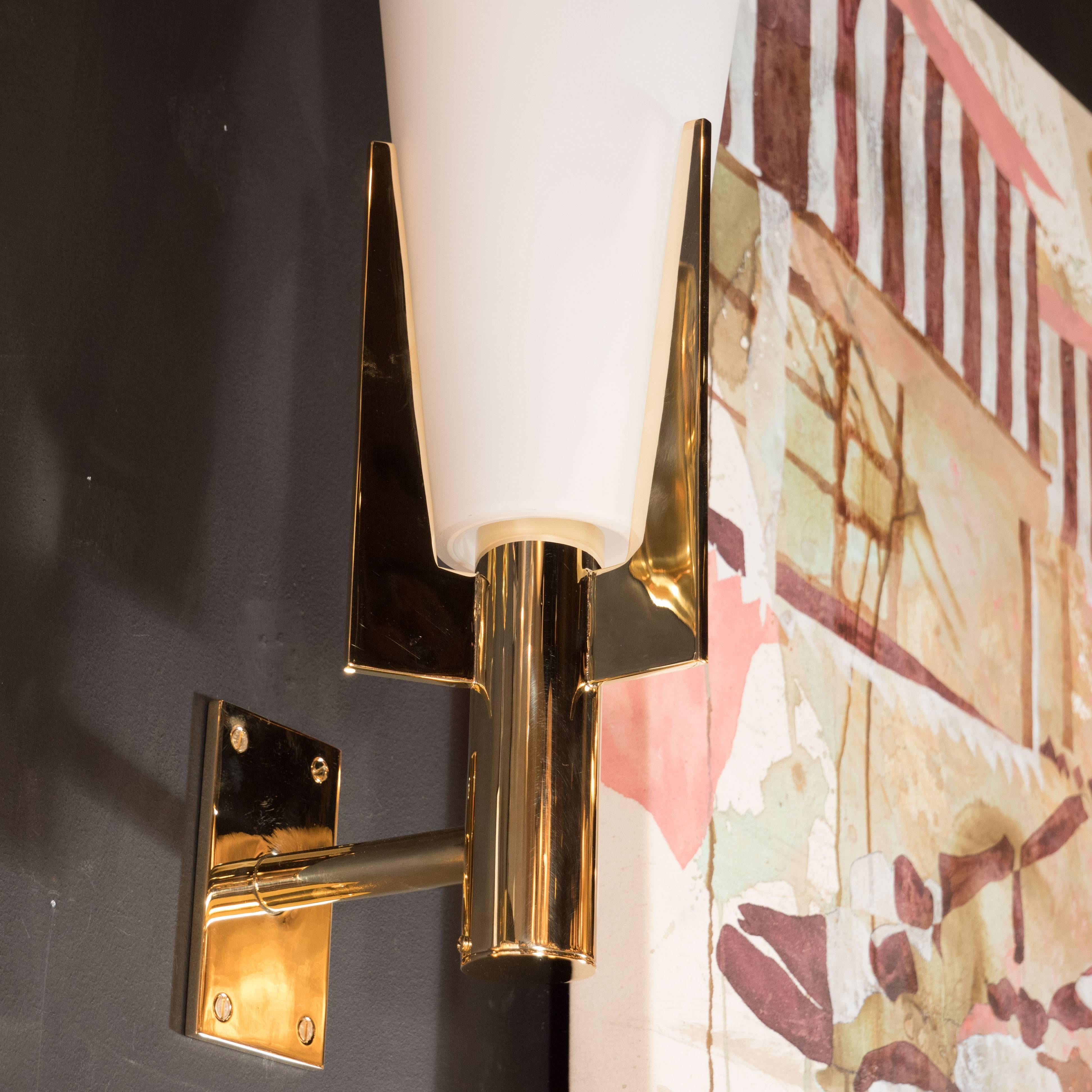 Italian Modernist Brass and Frosted Murano Glass Sconces in Style of Gio Ponti In Excellent Condition In New York, NY