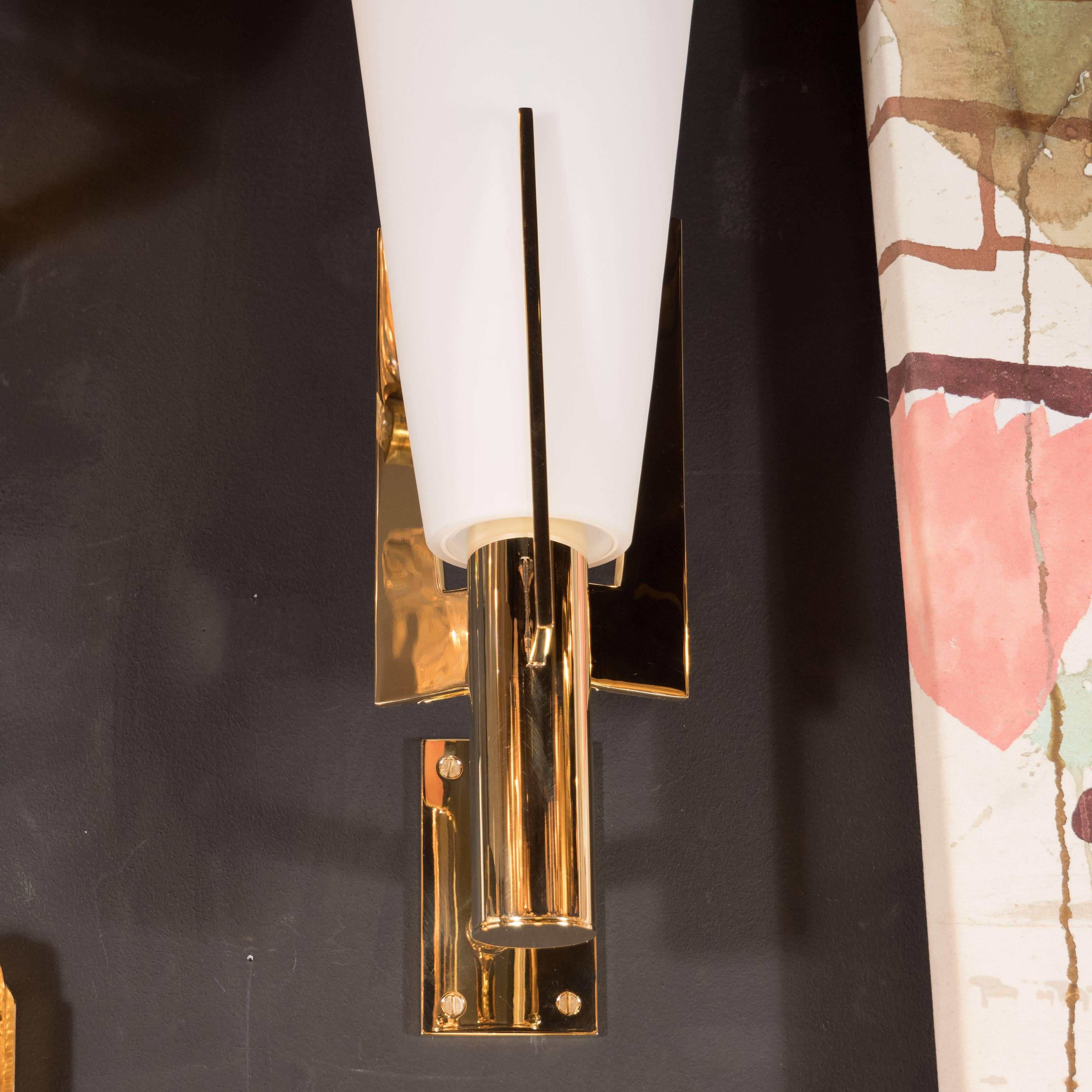 Contemporary Italian Modernist Brass and Frosted Murano Glass Sconces in Style of Gio Ponti