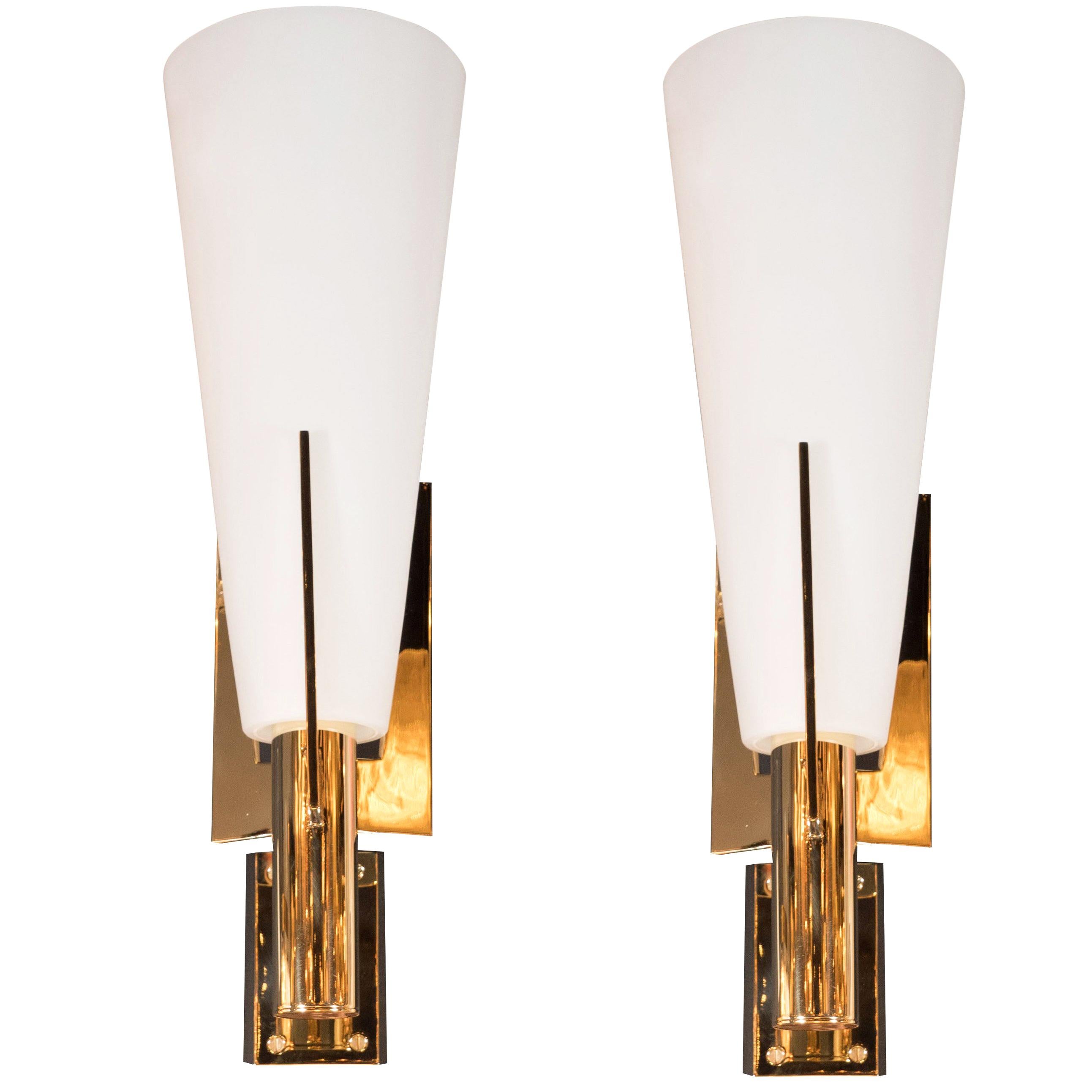Italian Modernist Brass and Frosted Murano Glass Sconces in Style of Gio Ponti
