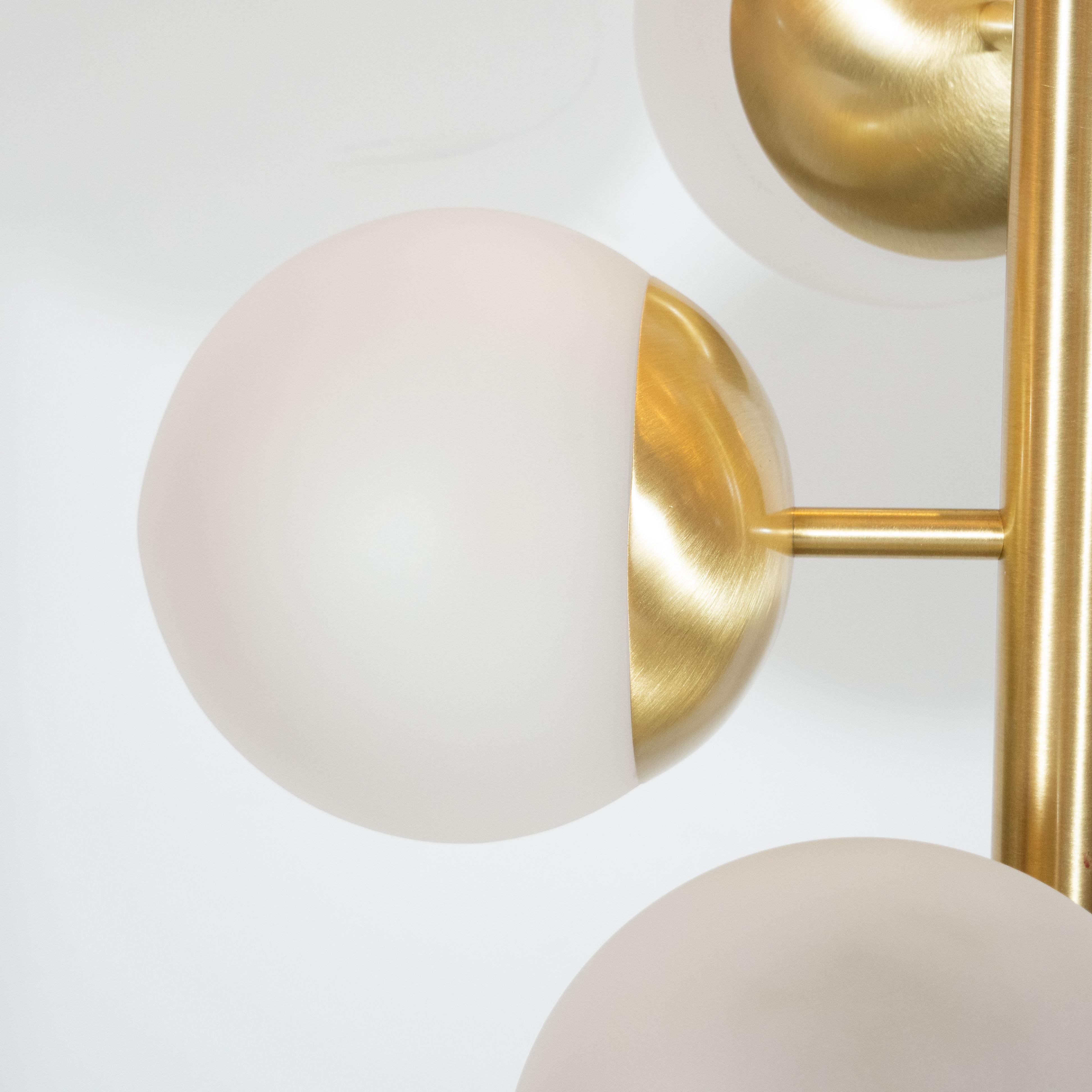 Italian Modernist Brass and Hand Blown Murano Frosted Glass Six-Globe Floor Lamp In Excellent Condition In New York, NY