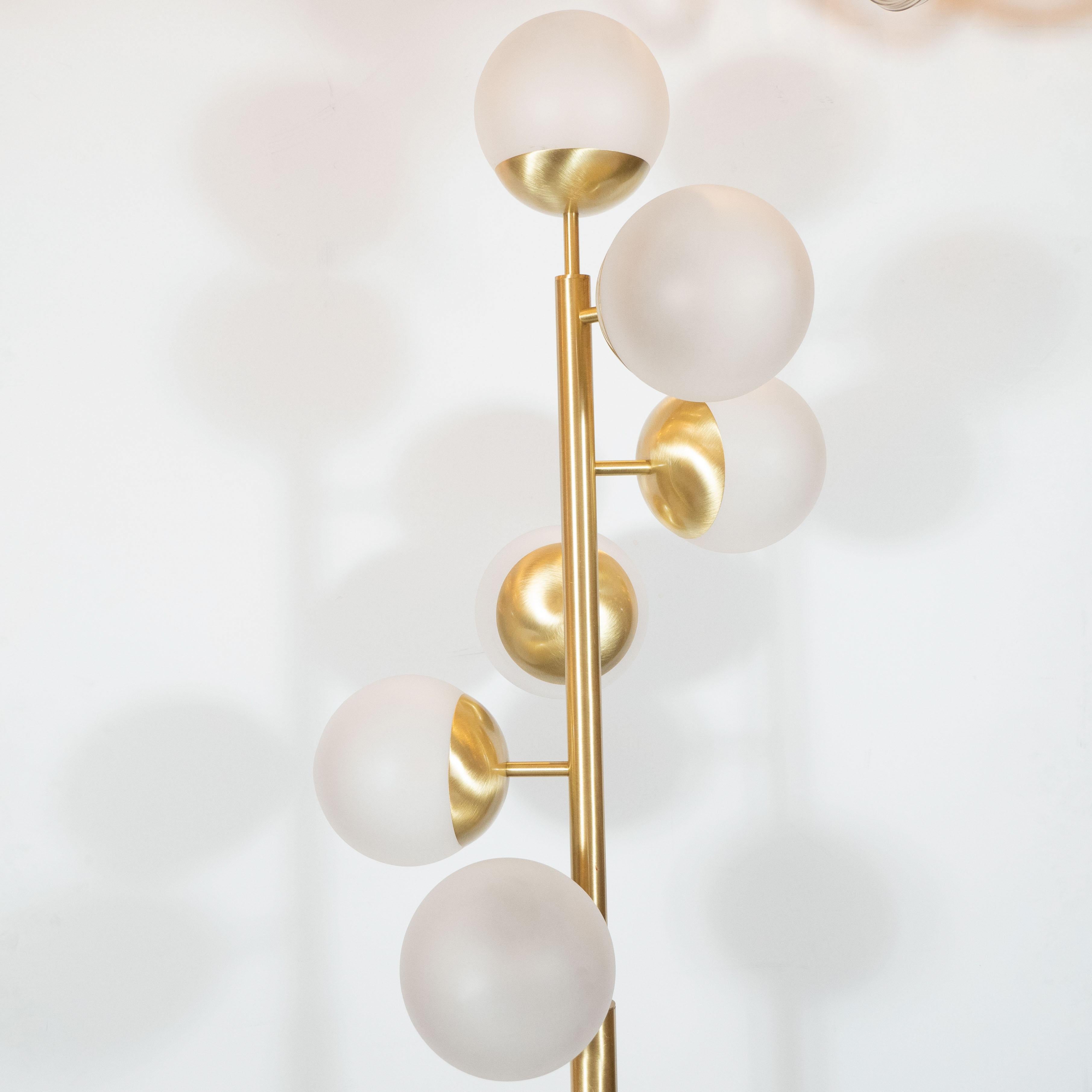 Contemporary Italian Modernist Brass and Hand Blown Murano Frosted Glass Six-Globe Floor Lamp