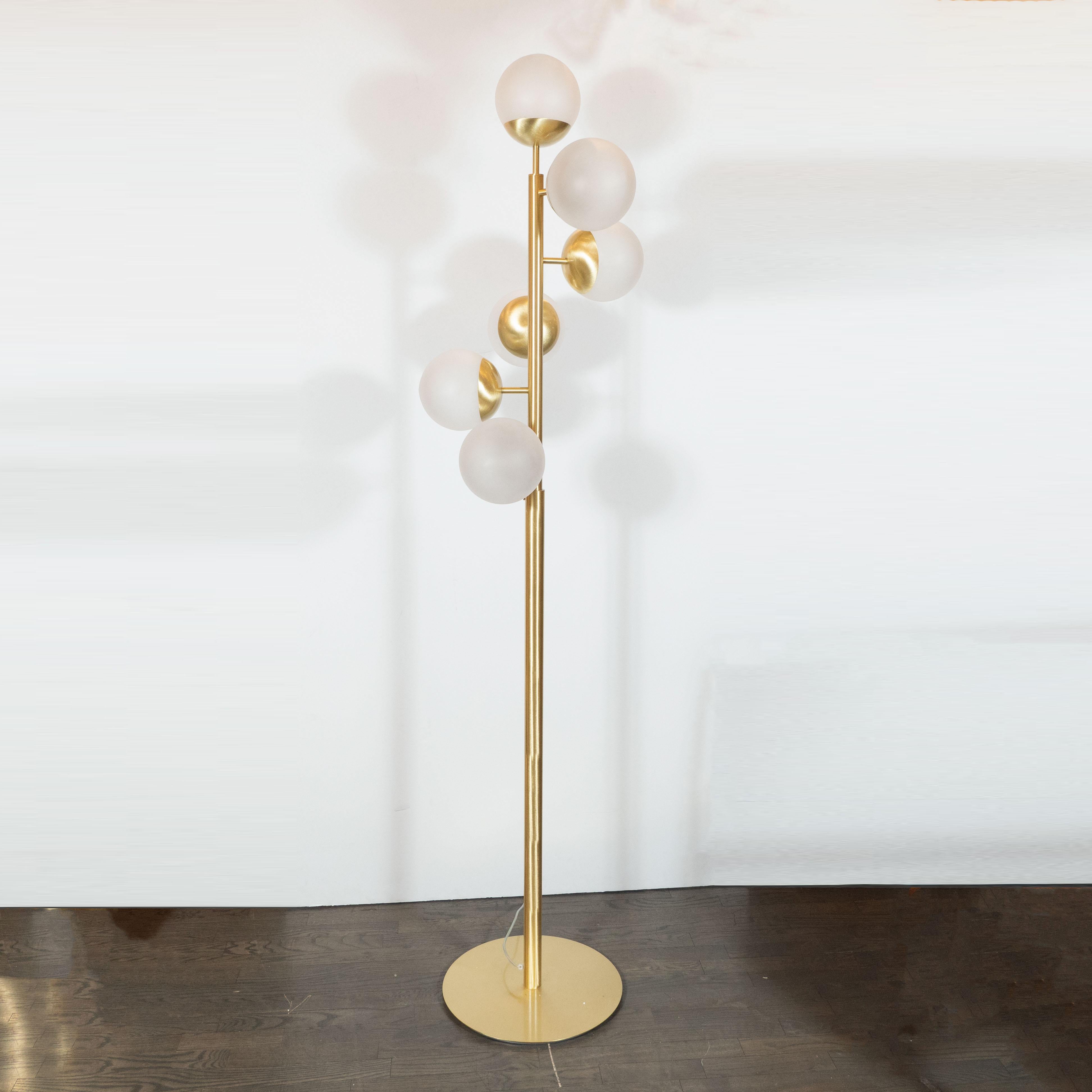 Italian Modernist Brass and Hand Blown Murano Frosted Glass Six-Globe Floor Lamp 1
