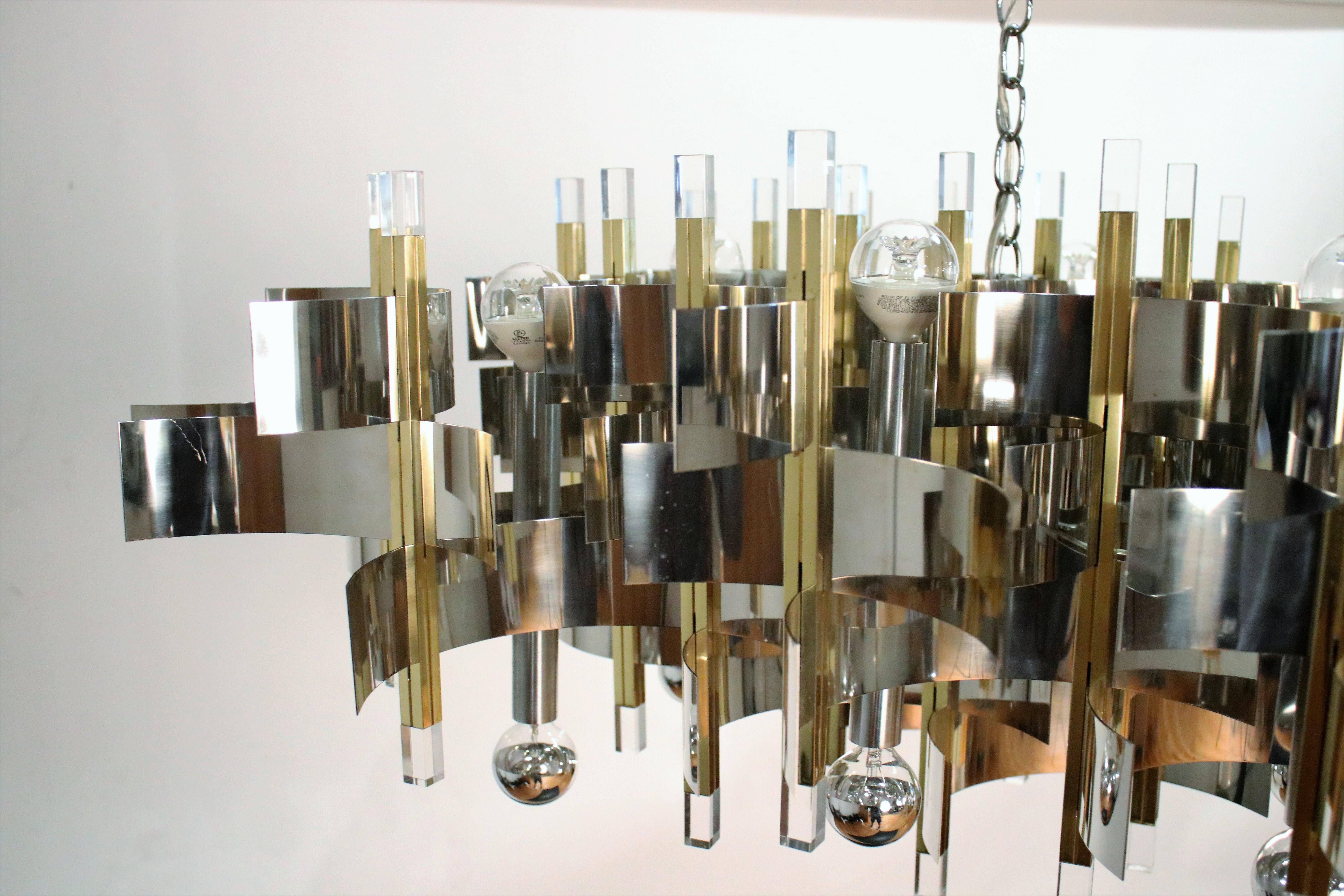 Mid-Century Modern Italian Modernist Brass Chrome and Lucite Chandelier by Sciolari