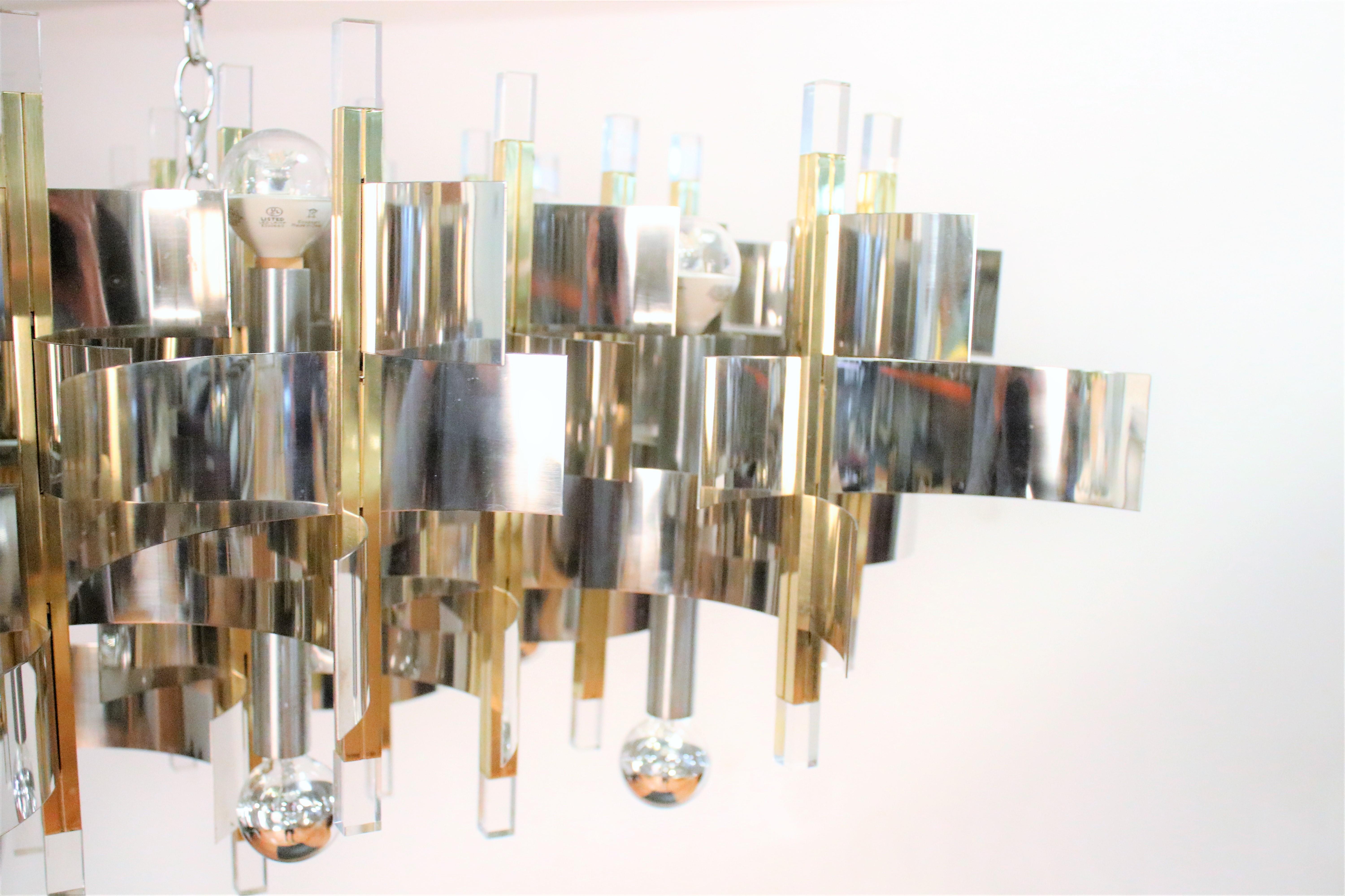 Polished Italian Modernist Brass Chrome and Lucite Chandelier by Sciolari
