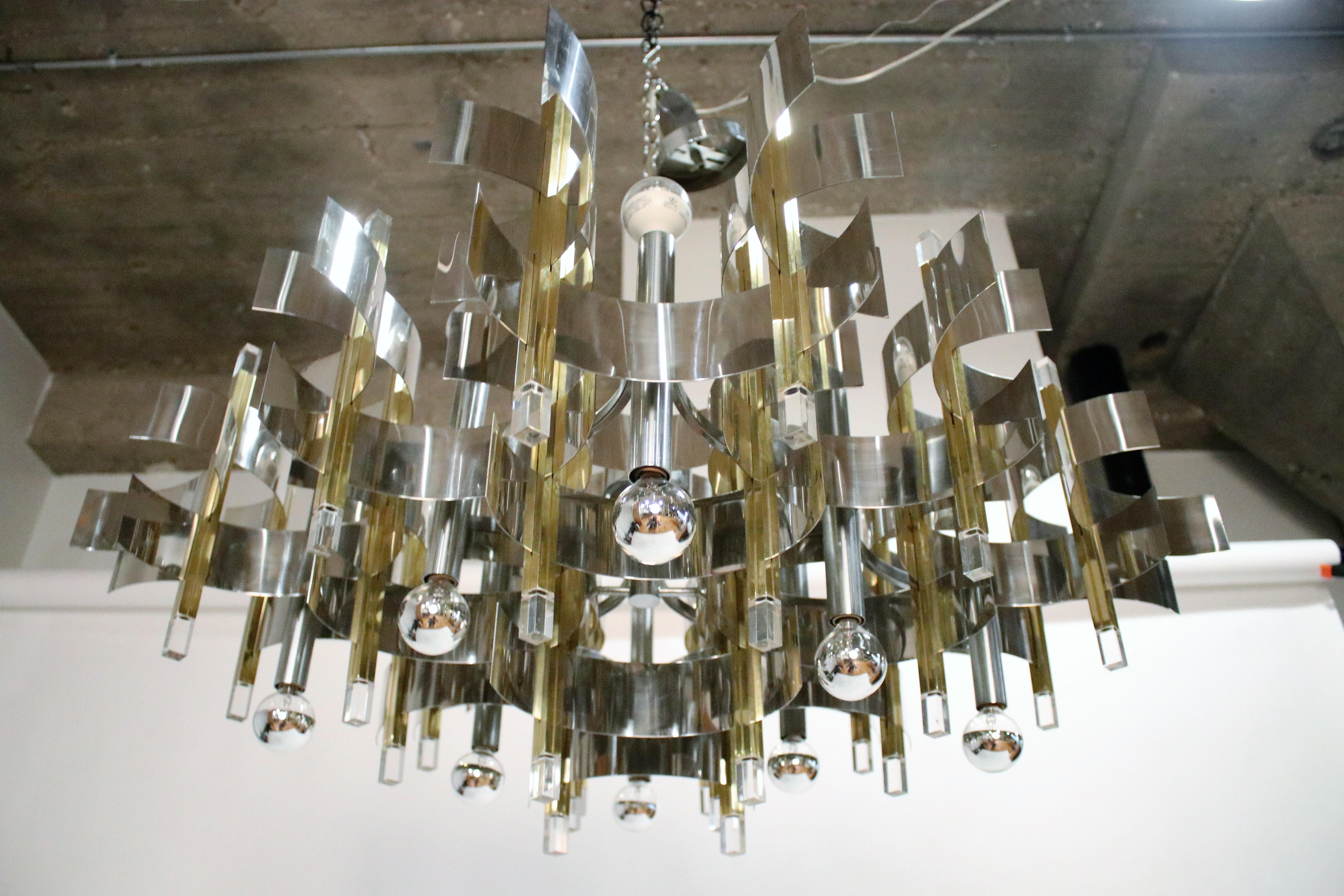 Late 20th Century Italian Modernist Brass Chrome and Lucite Chandelier by Sciolari