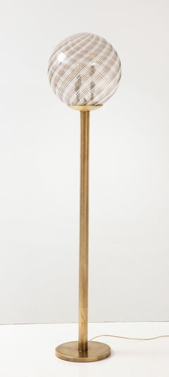 Italian Modernist Brass Floor Lamp with Glass Globe, circa 1970