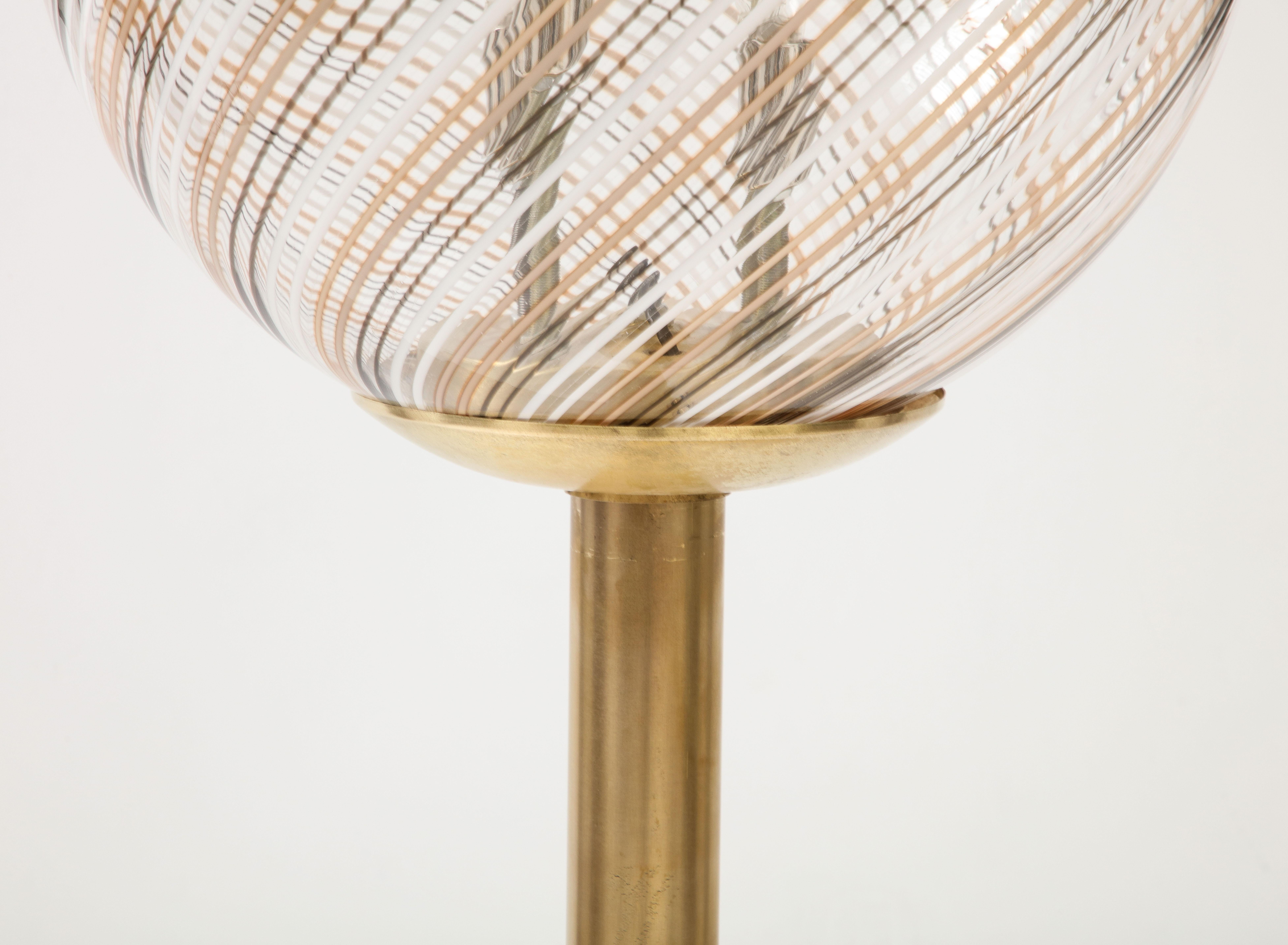 Blown Glass Italian Modernist Brass Floor Lamp with Glass Globe, circa 1970 For Sale