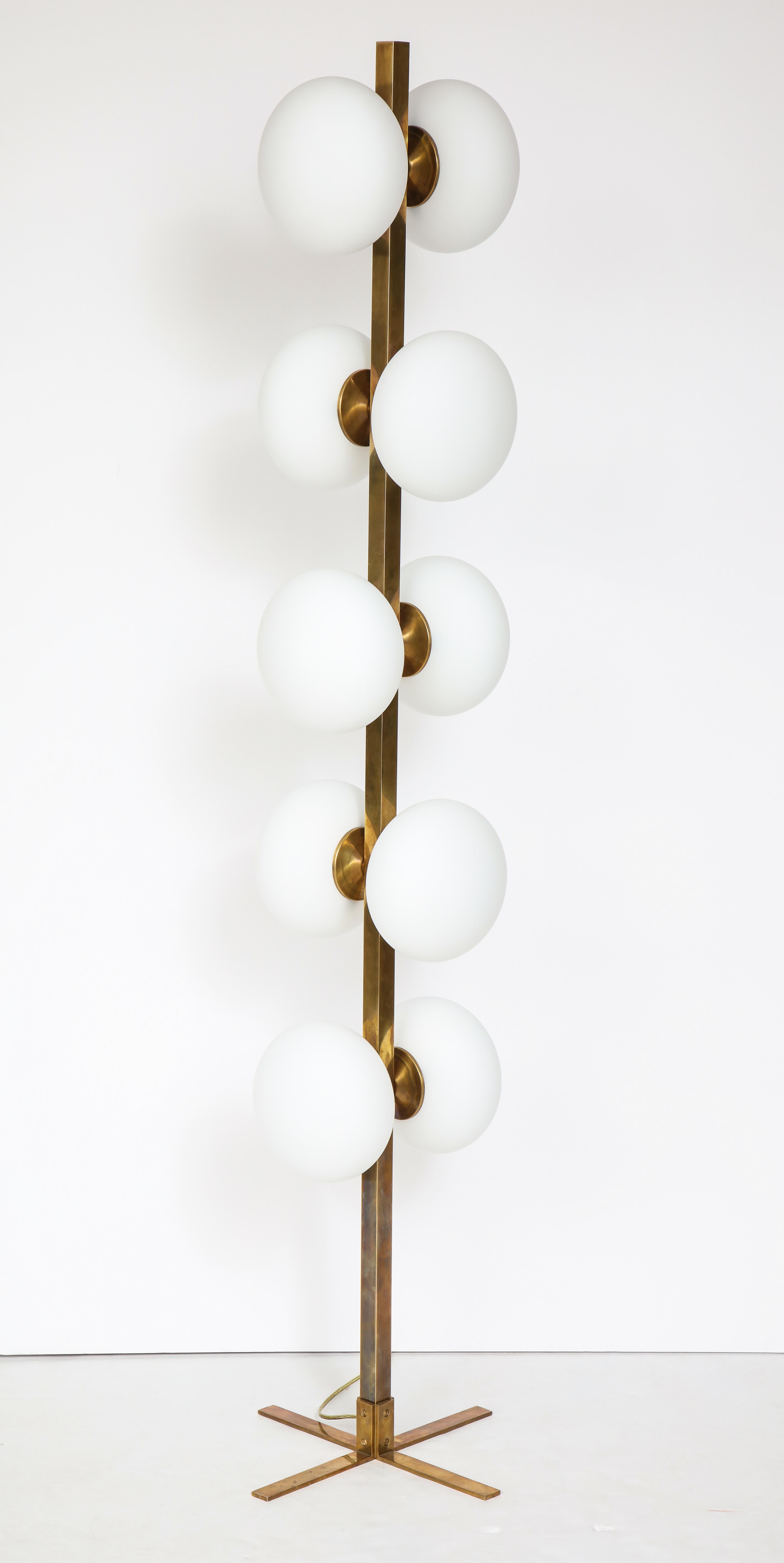 Italian Modernist Brass Floor Lamp with Opaque Glass Globe Lights 5