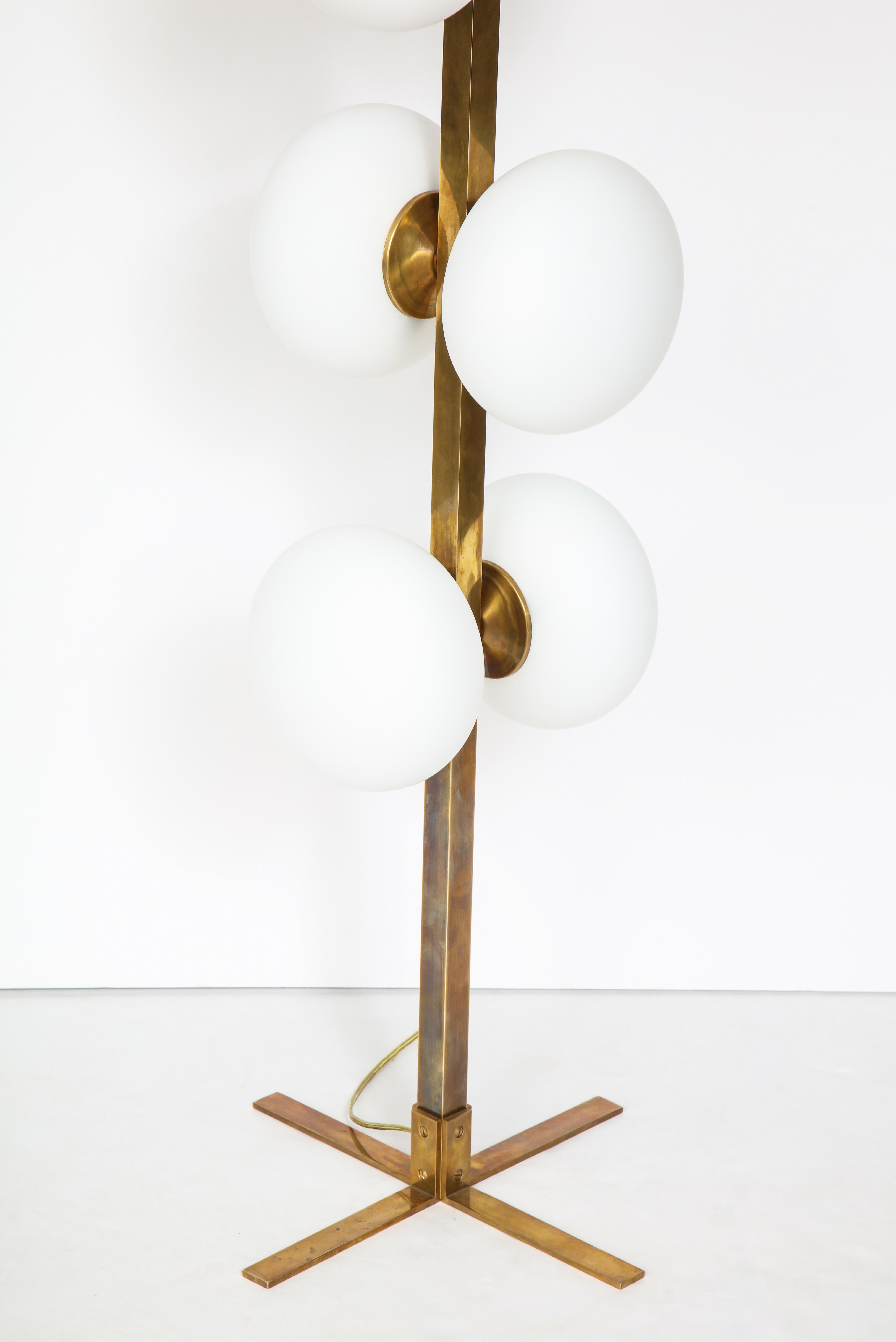 Italian Modernist Brass Floor Lamp with Opaque Glass Globe Lights 6