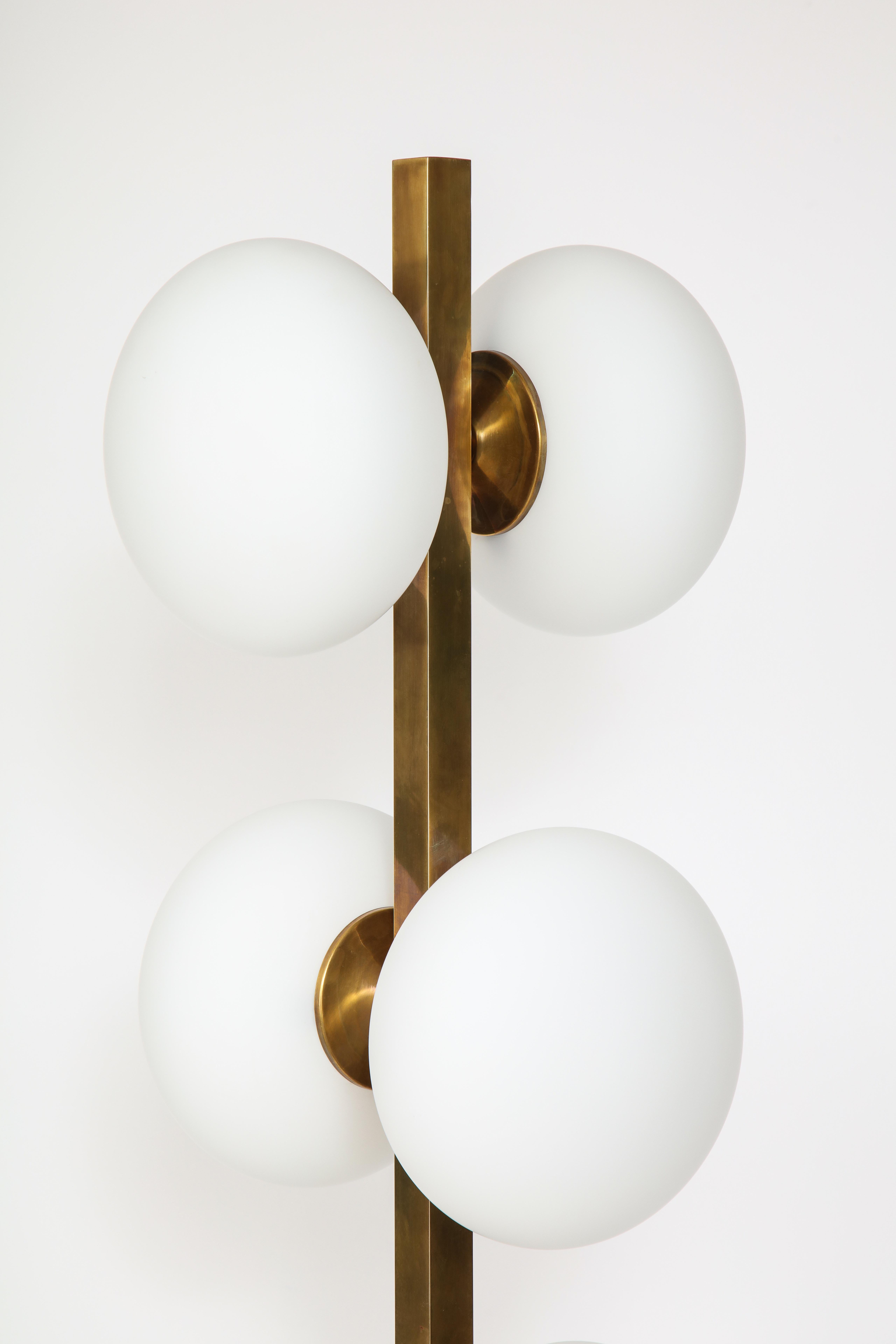 Italian Modernist Brass Floor Lamp with Opaque Glass Globe Lights 7