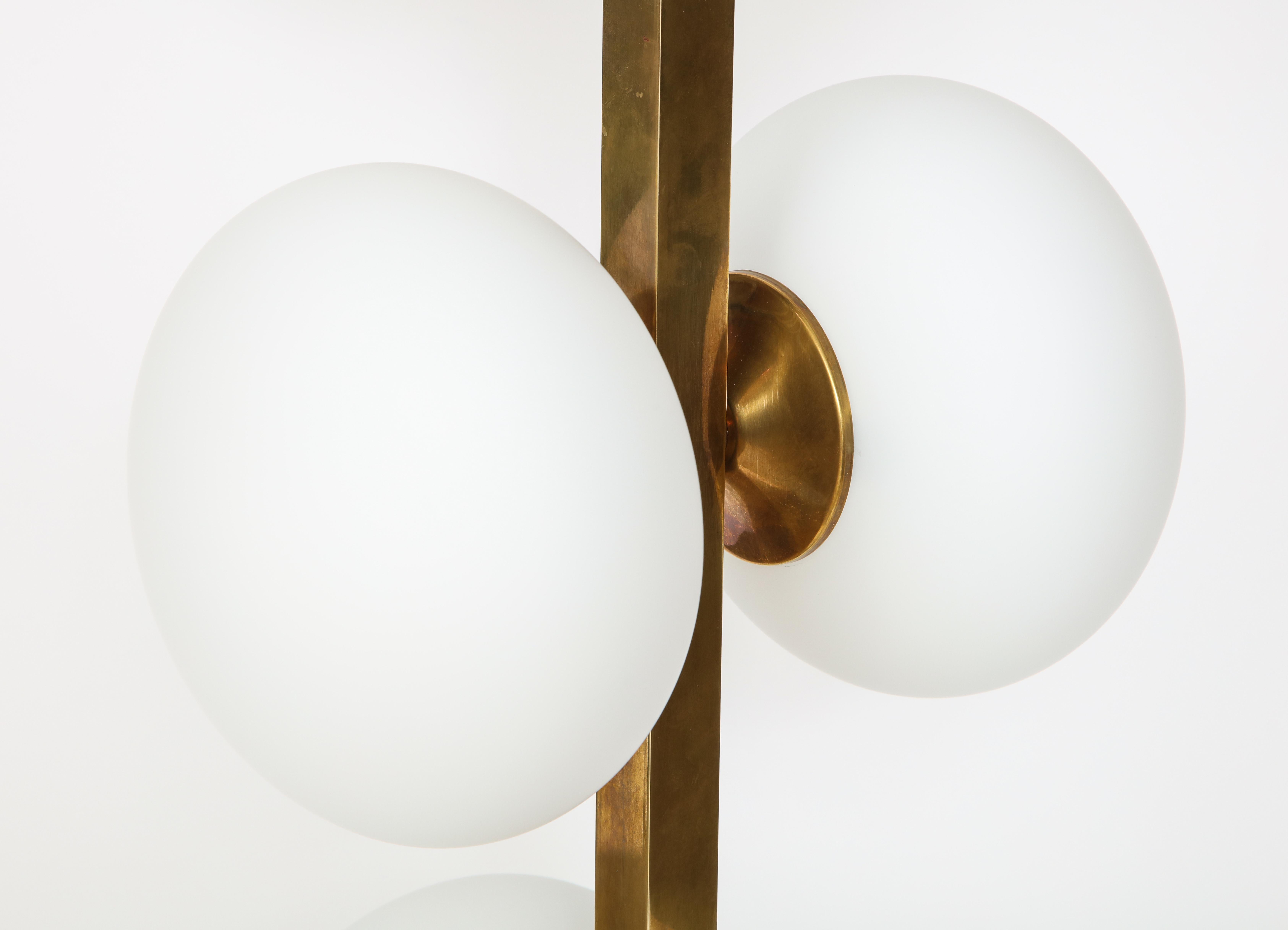 Italian Modernist Brass Floor Lamp with Opaque Glass Globe Lights 8