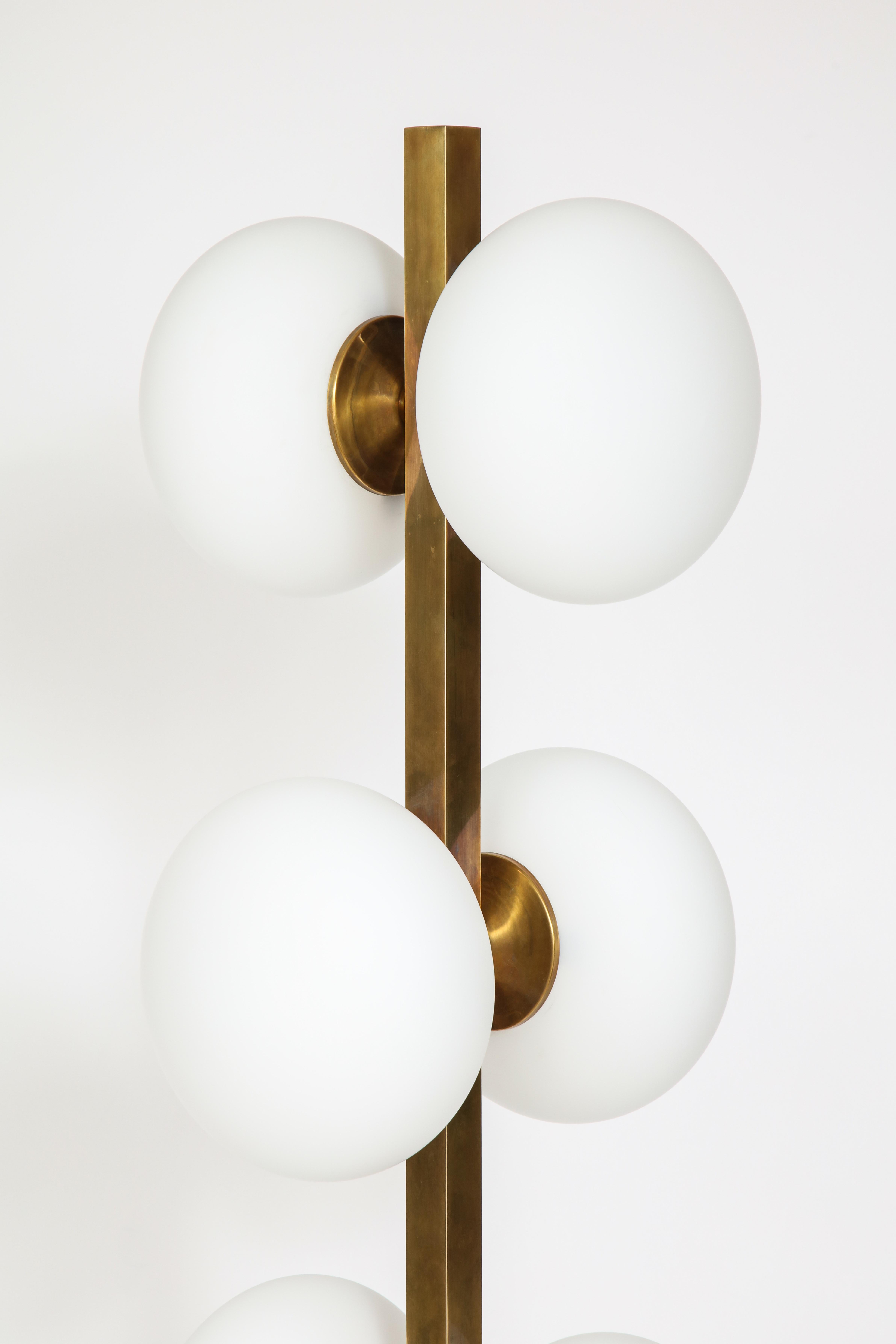 Italian Modernist Brass Floor Lamp with Opaque Glass Globe Lights 9