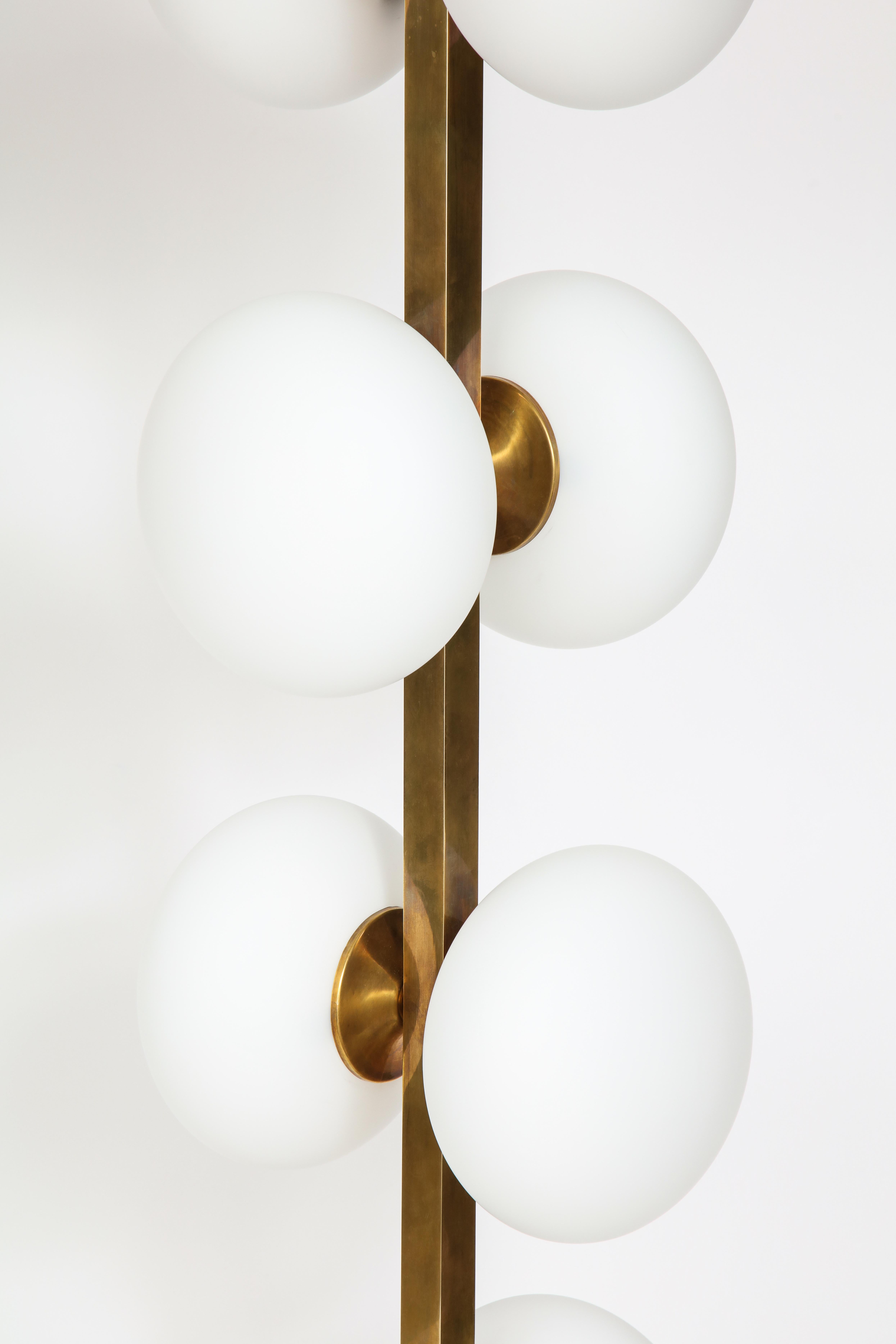 Italian Modernist Brass Floor Lamp with Opaque Glass Globe Lights 10