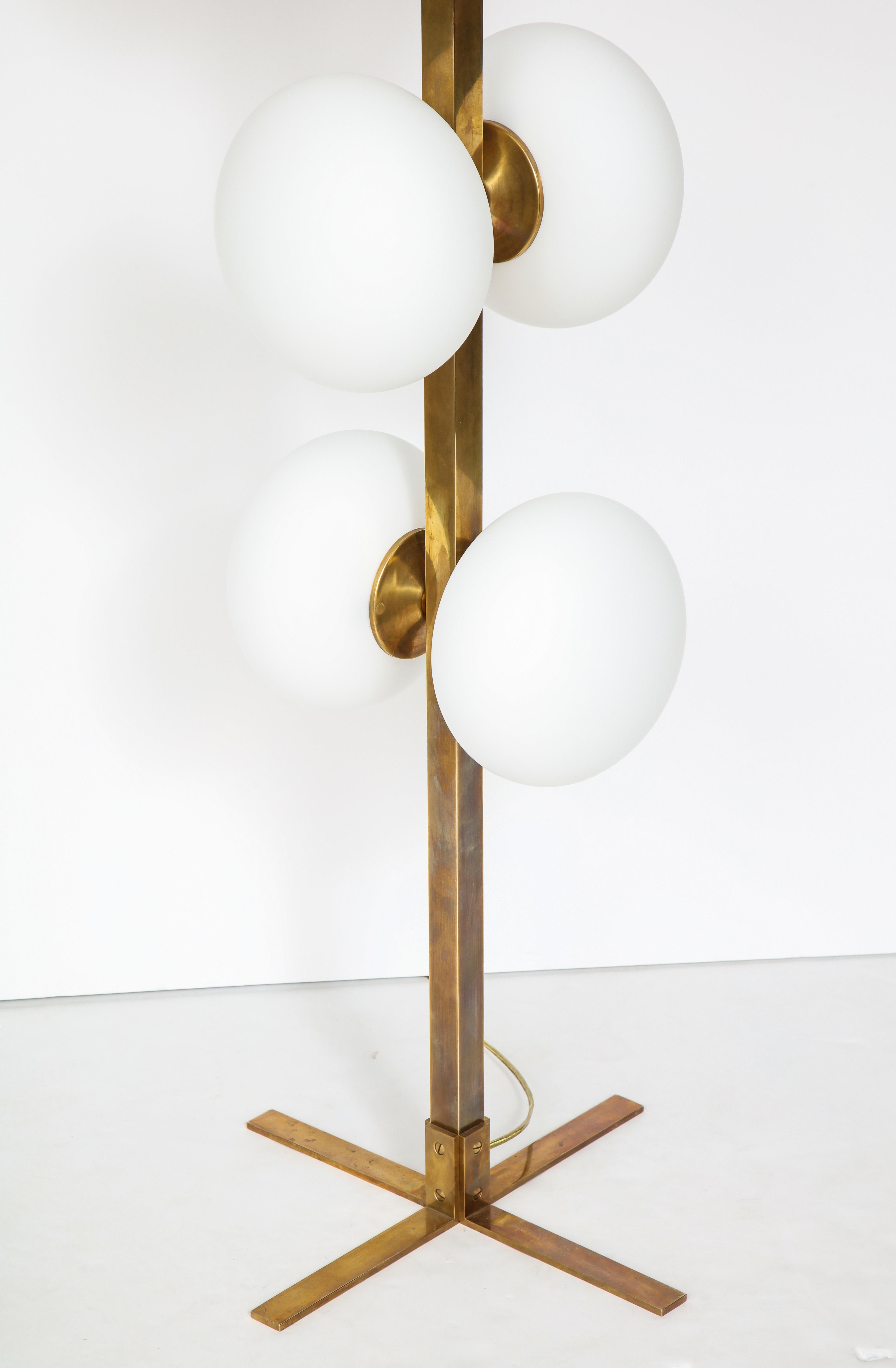 Italian Modernist Brass Floor Lamp with Opaque Glass Globe Lights 11