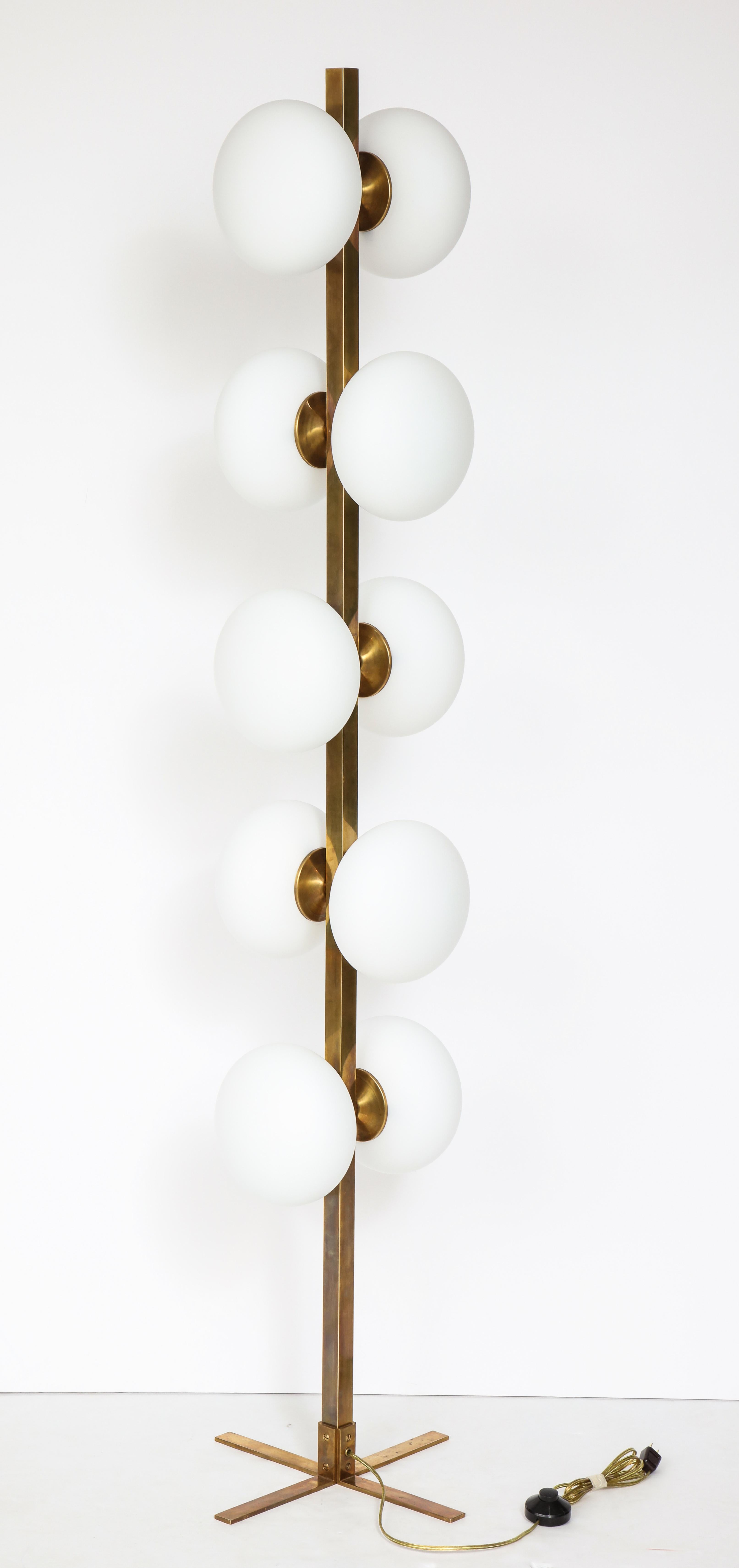 Italian Modernist Brass Floor Lamp with Opaque Glass Globe Lights 13