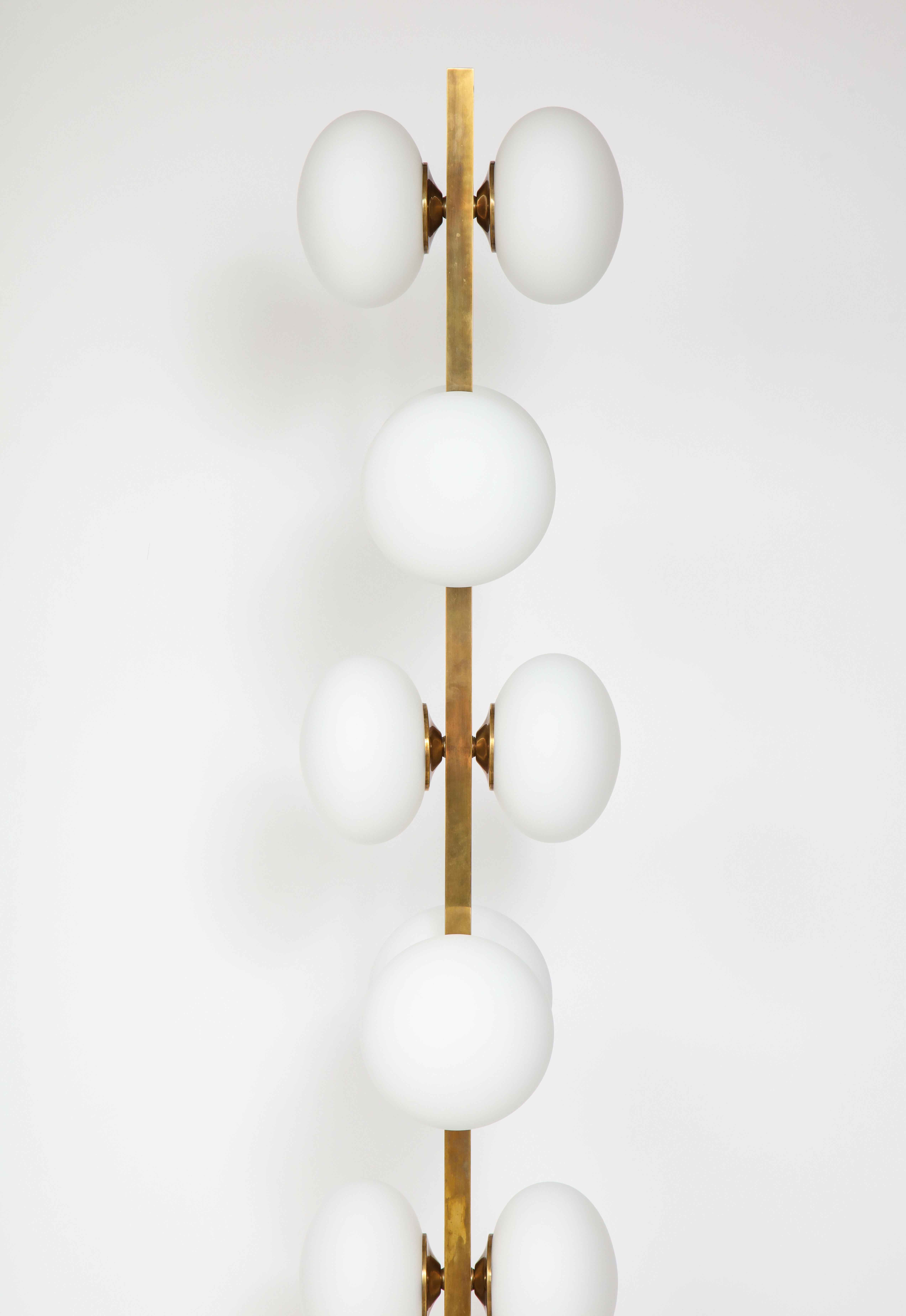 Italian Modernist Brass Floor Lamp with Opaque Glass Globe Lights In Good Condition In New York, NY