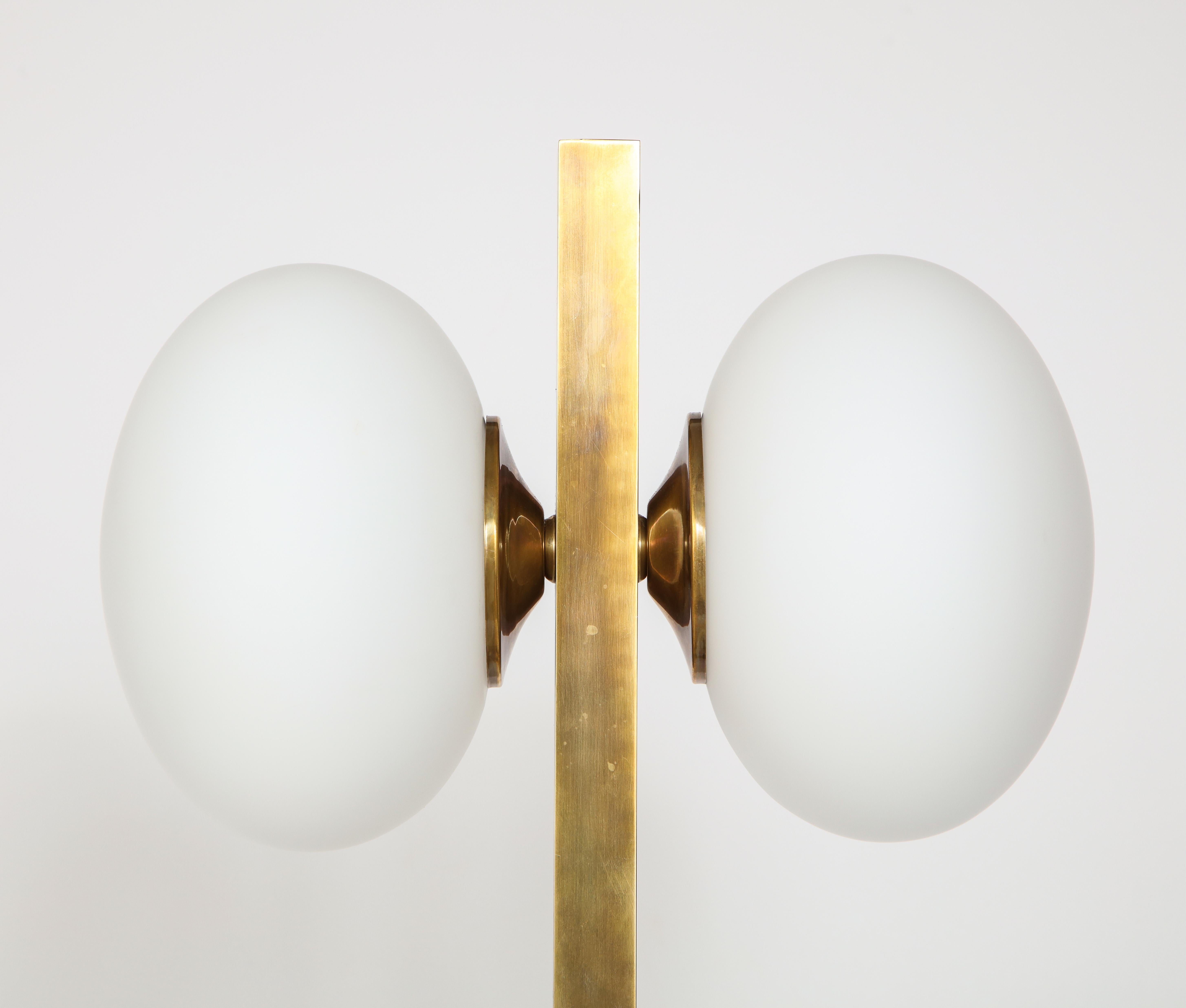 Late 20th Century Italian Modernist Brass Floor Lamp with Opaque Glass Globe Lights