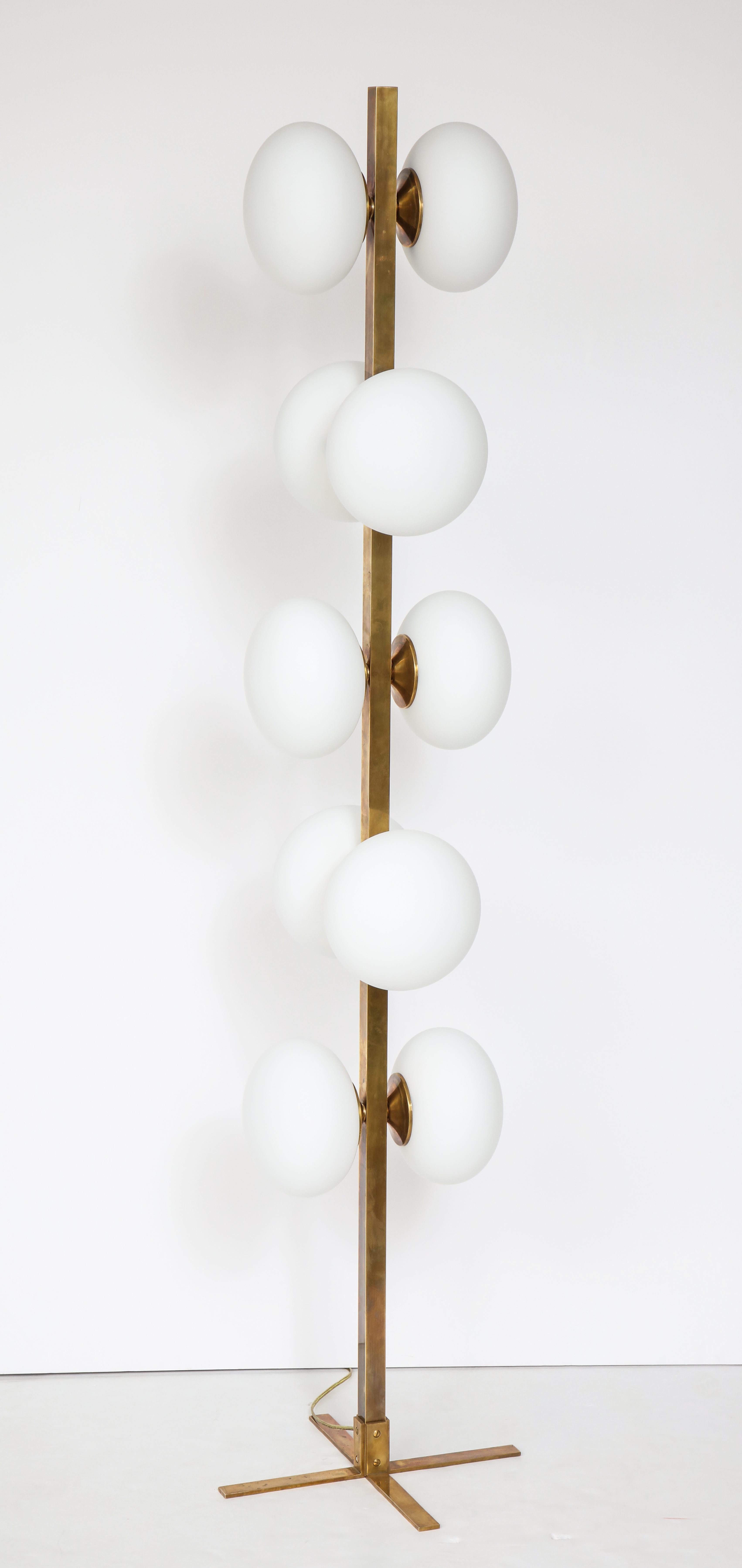 Italian Modernist Brass Floor Lamp with Opaque Glass Globe Lights 2