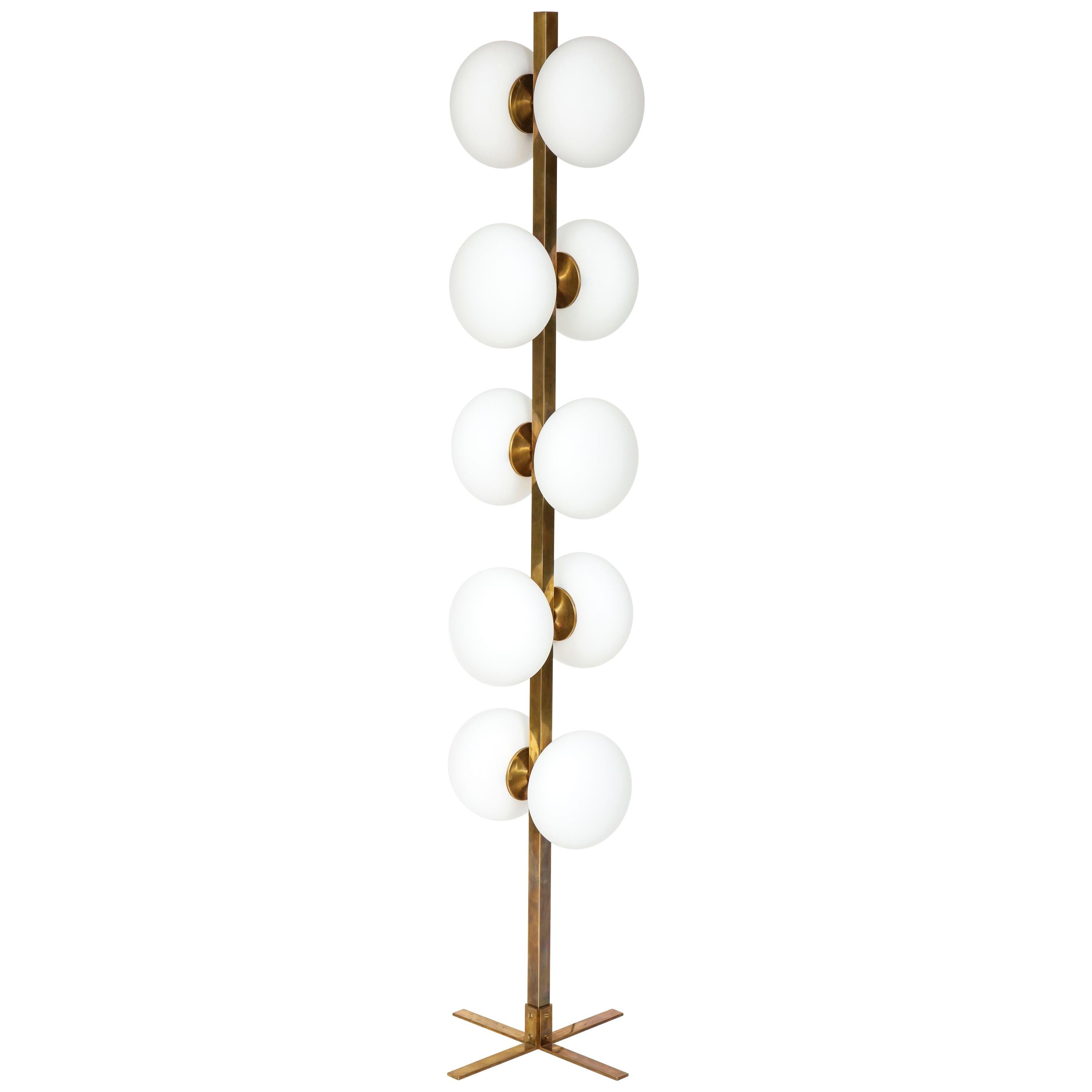 Italian Modernist Brass Floor Lamp with Opaque Glass Globe Lights