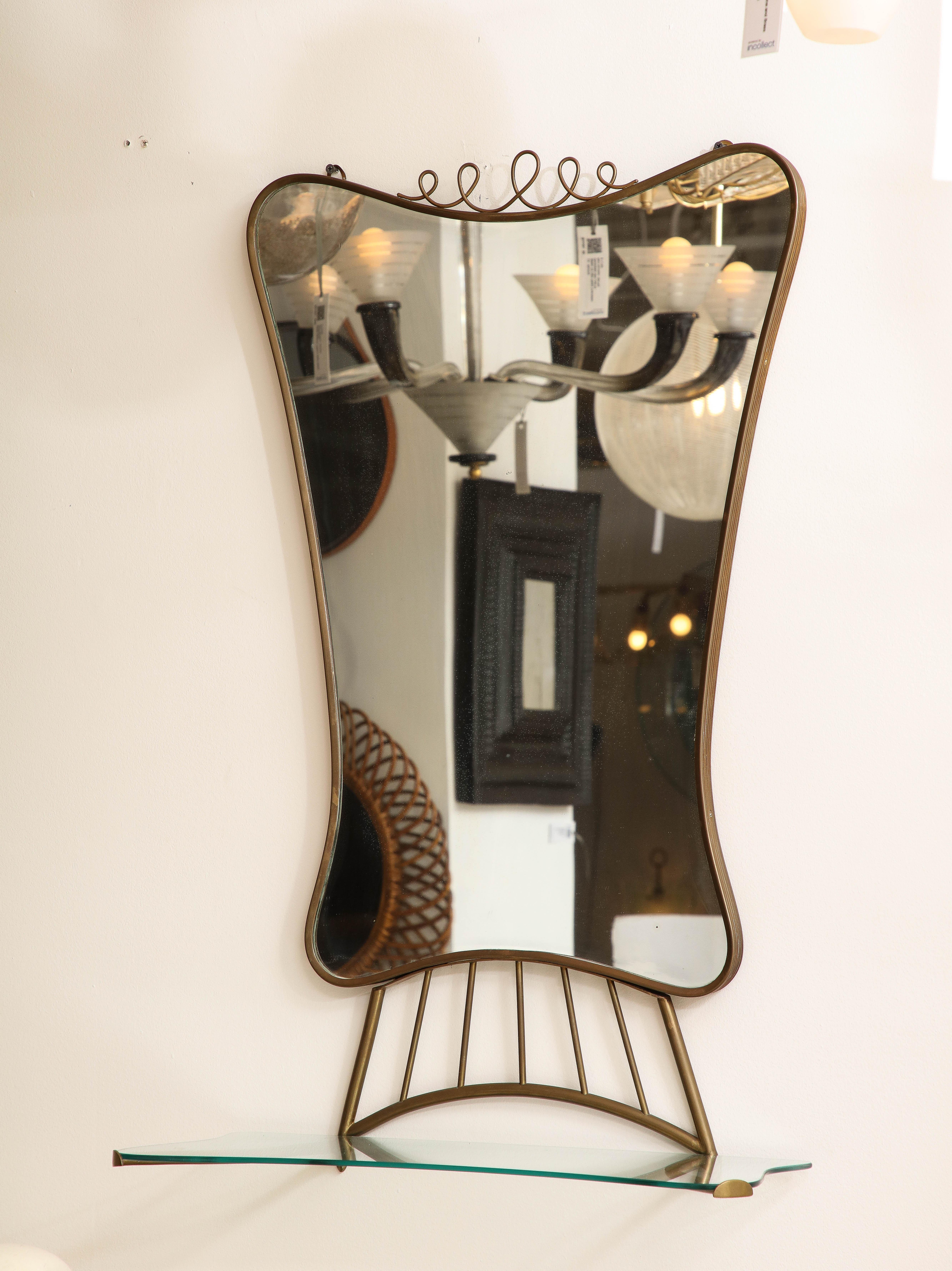 Mid-Century Modern Italian Modernist Brass Frame Mirror with Glass Shelf, circa 1940